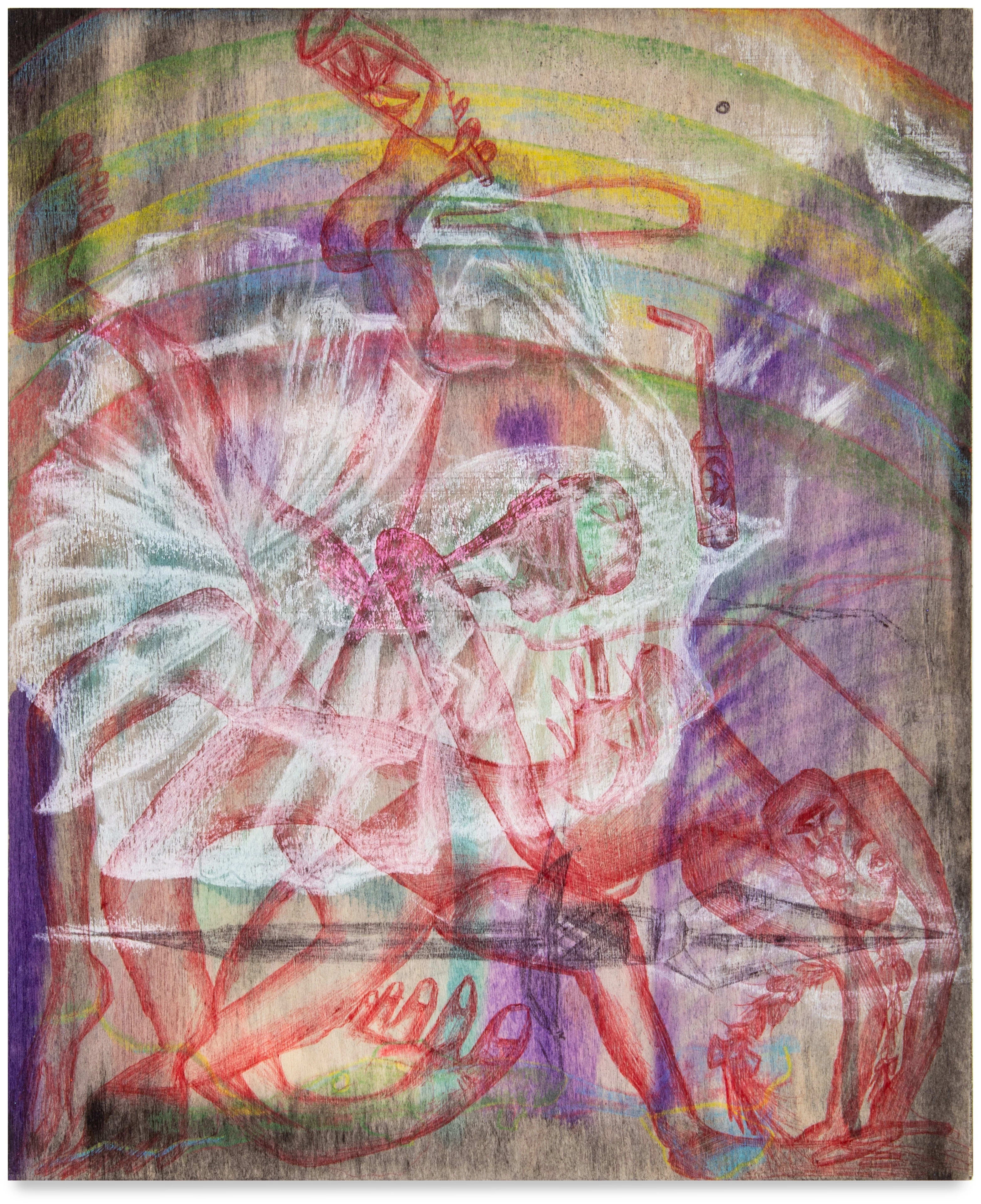 A colorful drawing of two people, one doing a backbend and the other assisting.