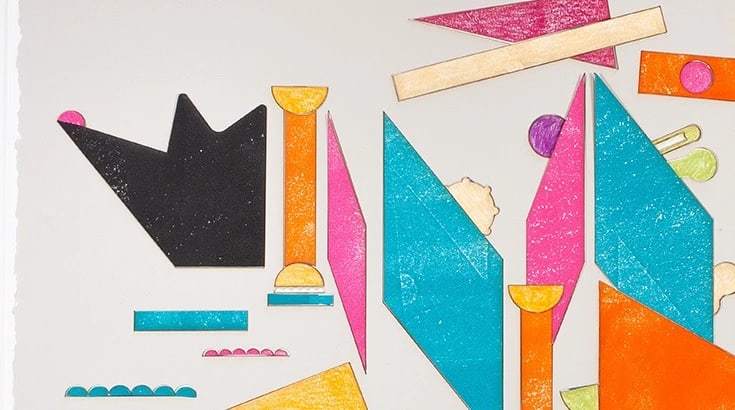 A black wolf with rose nose in profile with several orange, blue and green geometric shapes and music instruments hiding in the background.