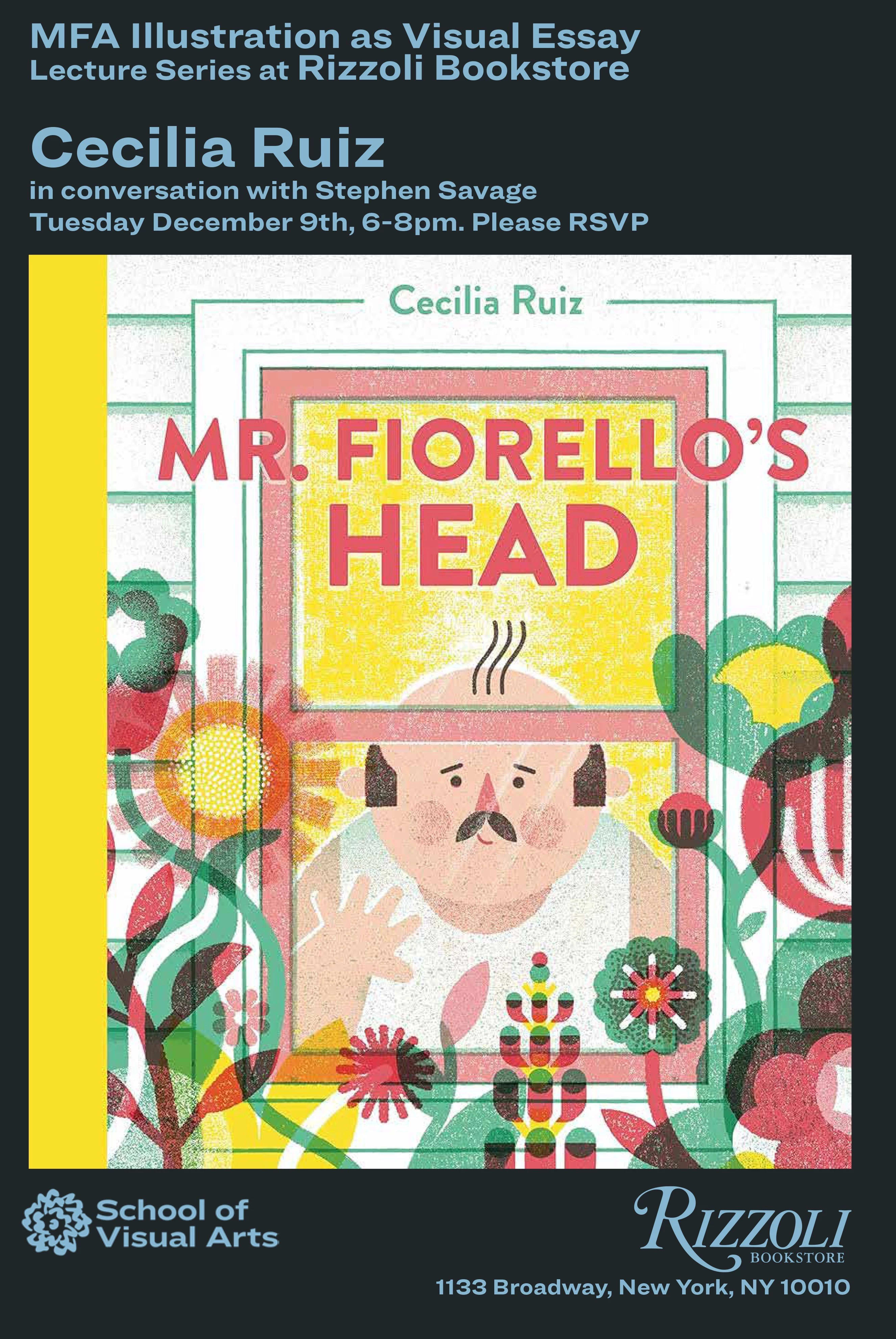 Poster for Cecilia Ruiz conversation with Stephen Savage with bald man looking out window surrounded by flowers.