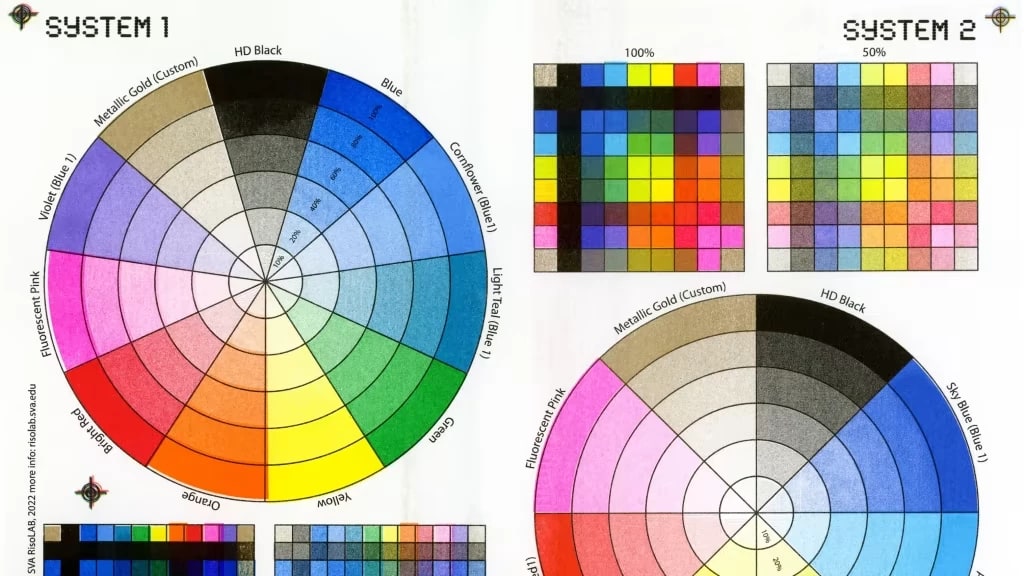 A color chart graphic featuring a complete color wheel and grids of rainbow colors