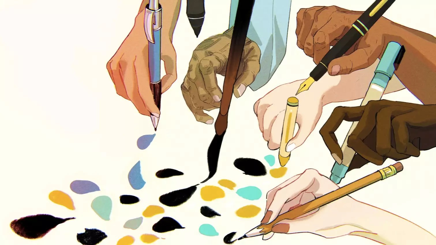 An illustration of several hands creating an artwork together.