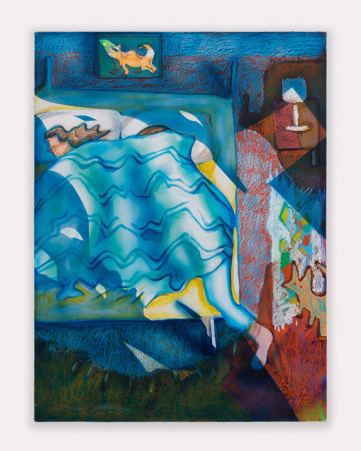 A mostly blue painting in a semi-abstract style showing a bed from above with two figures under.a blanket. One person’s head sticks out from the blanket in the upper left, and the other person’s leg is sticking out in the lower right. The bed is in a room with a painting of a dog on the wall and a nightstand with a lamp.