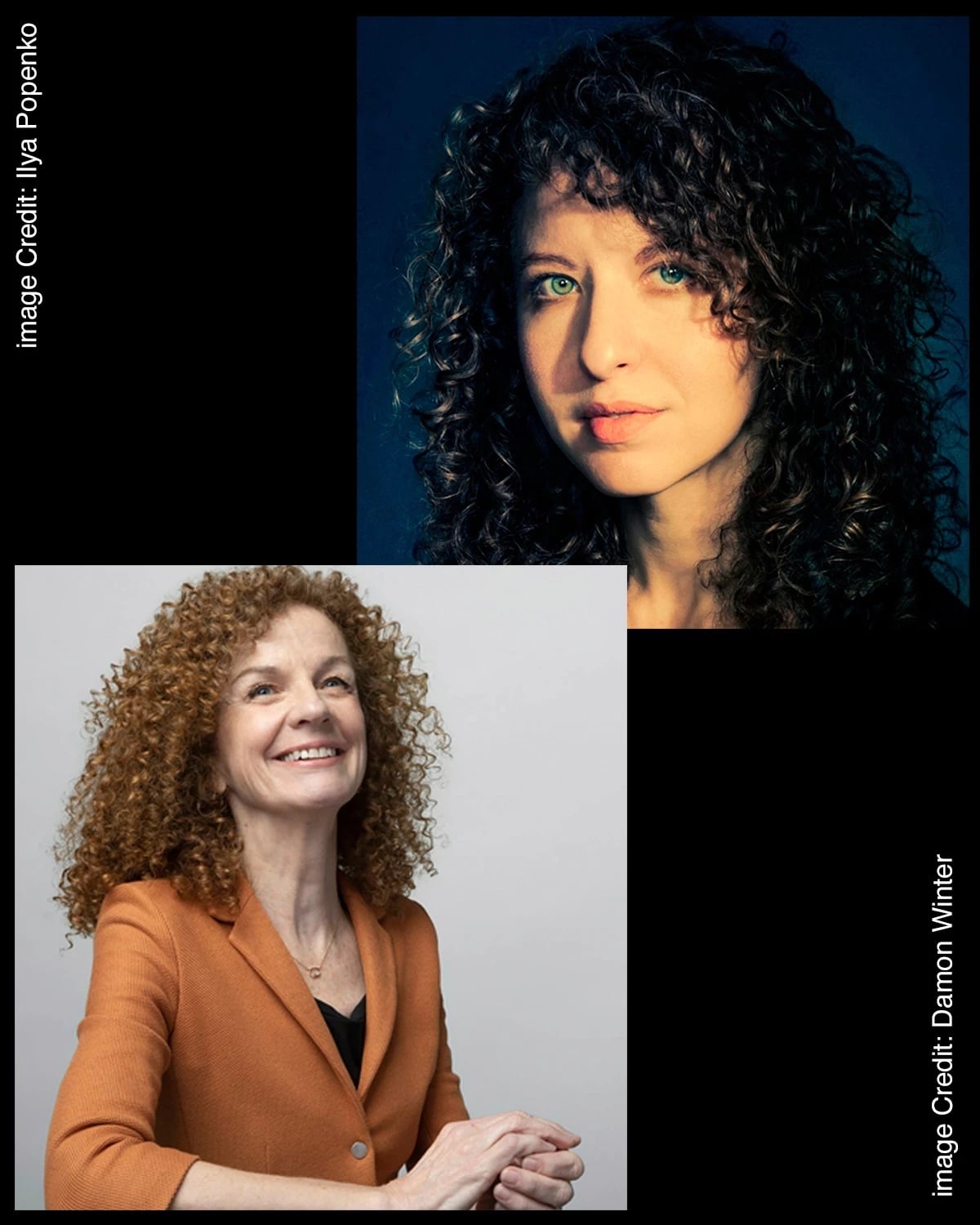 two portraits side by side: on the left is a woman with curly hair against a dark blue background and on the right is a woman with curly hair in an orange blazer against a white background