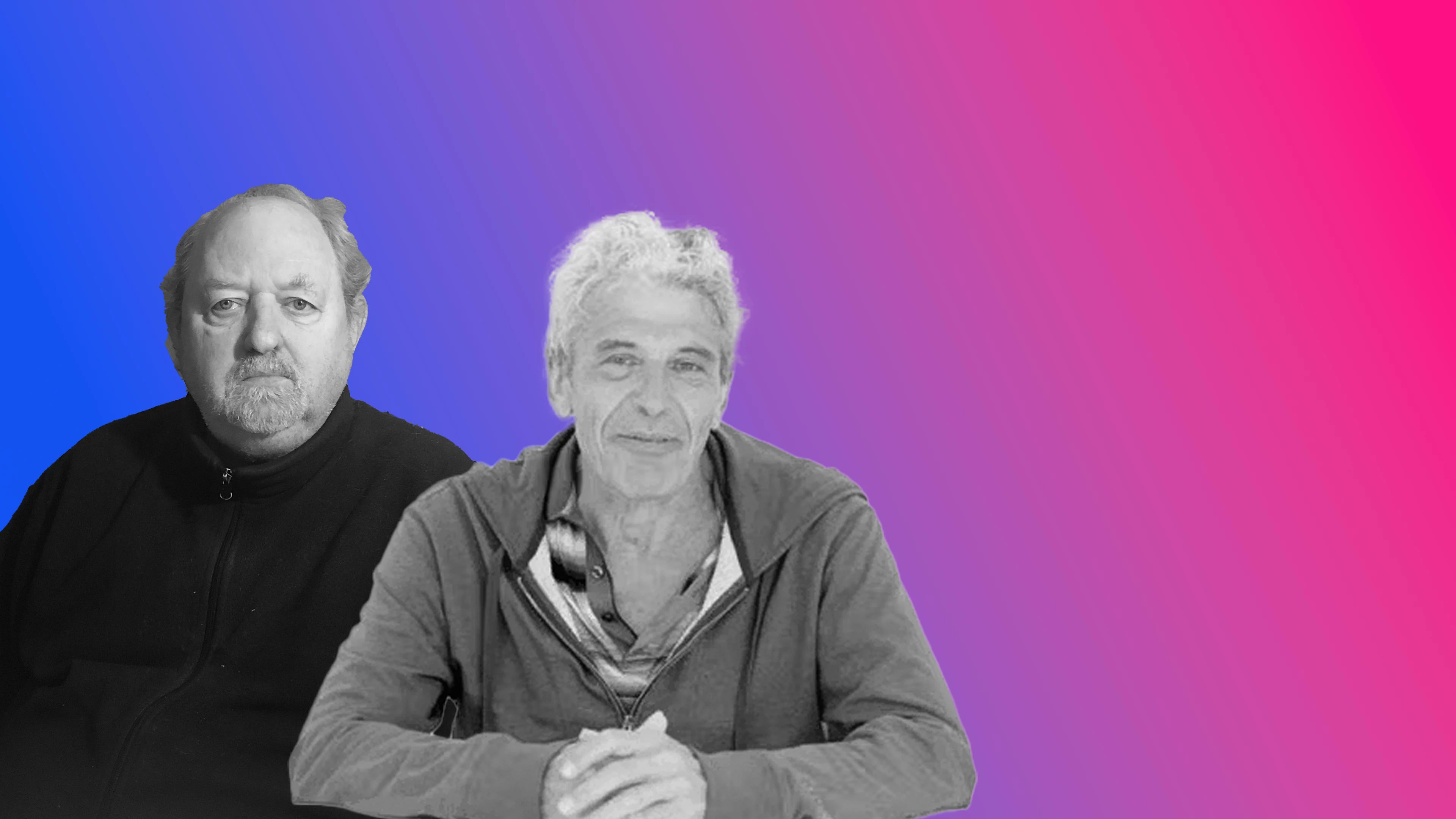 Black and white portraits of two men, David Levi Strauss and Michael Taussig, on a purple to pink gradient background