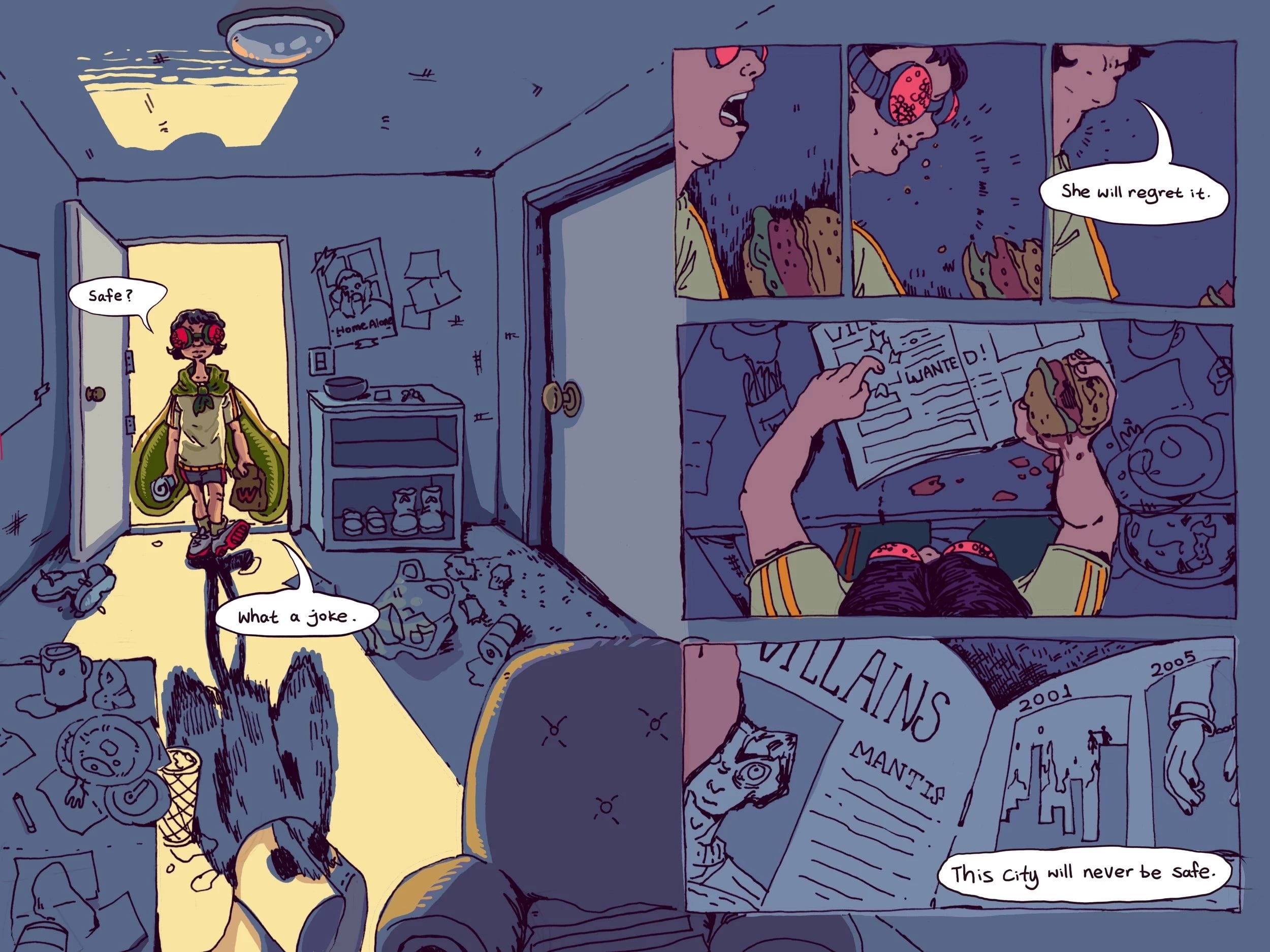 A character enters a messy room, eats a sandwich, reads a newspaper with a "Villains Wanted" ad, and says, "This city will never be safe.