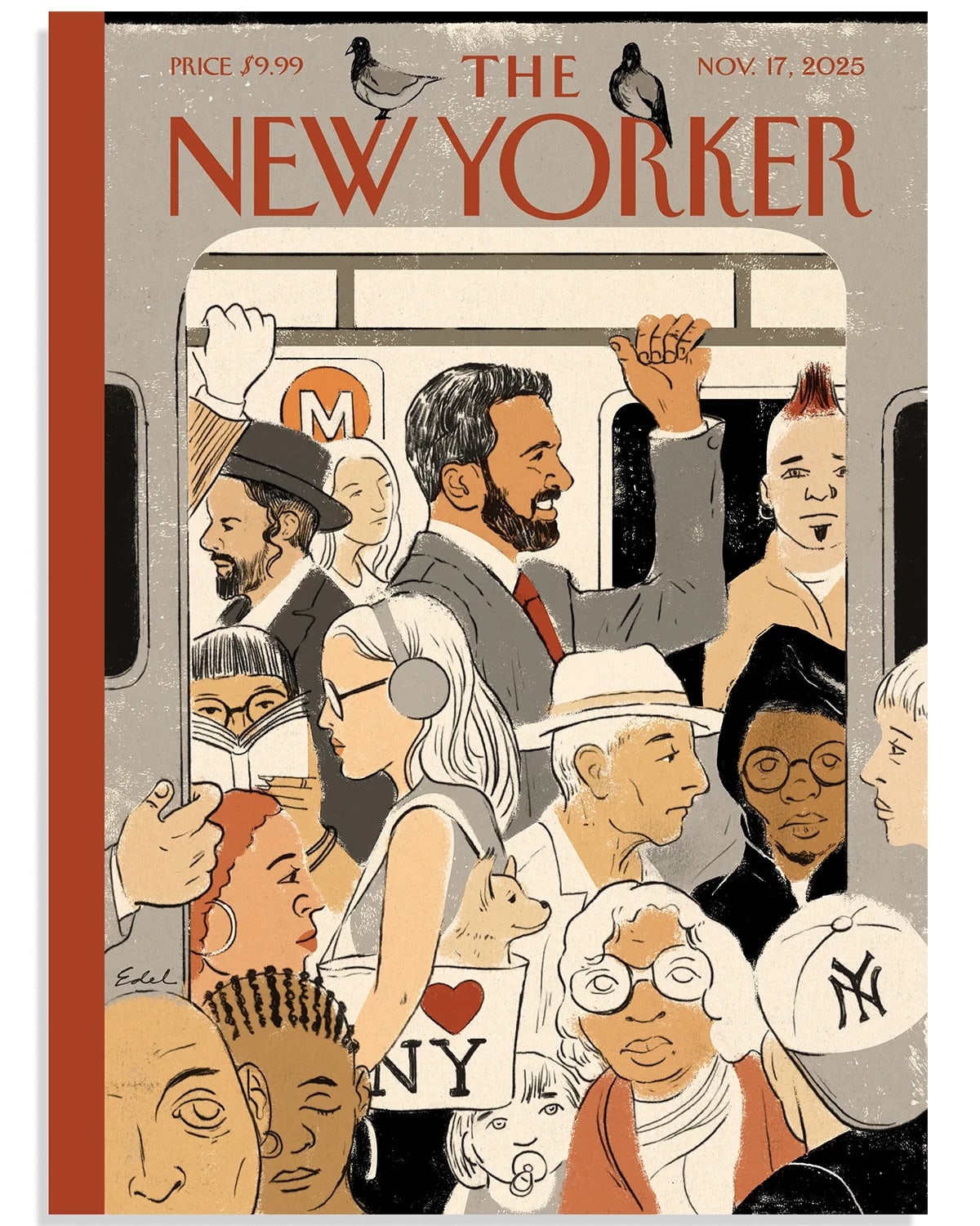 A cover of 'The New Yorker' featuring an illustration of NYC Mayor Elect Zohran Mamdani on the crowded subway.