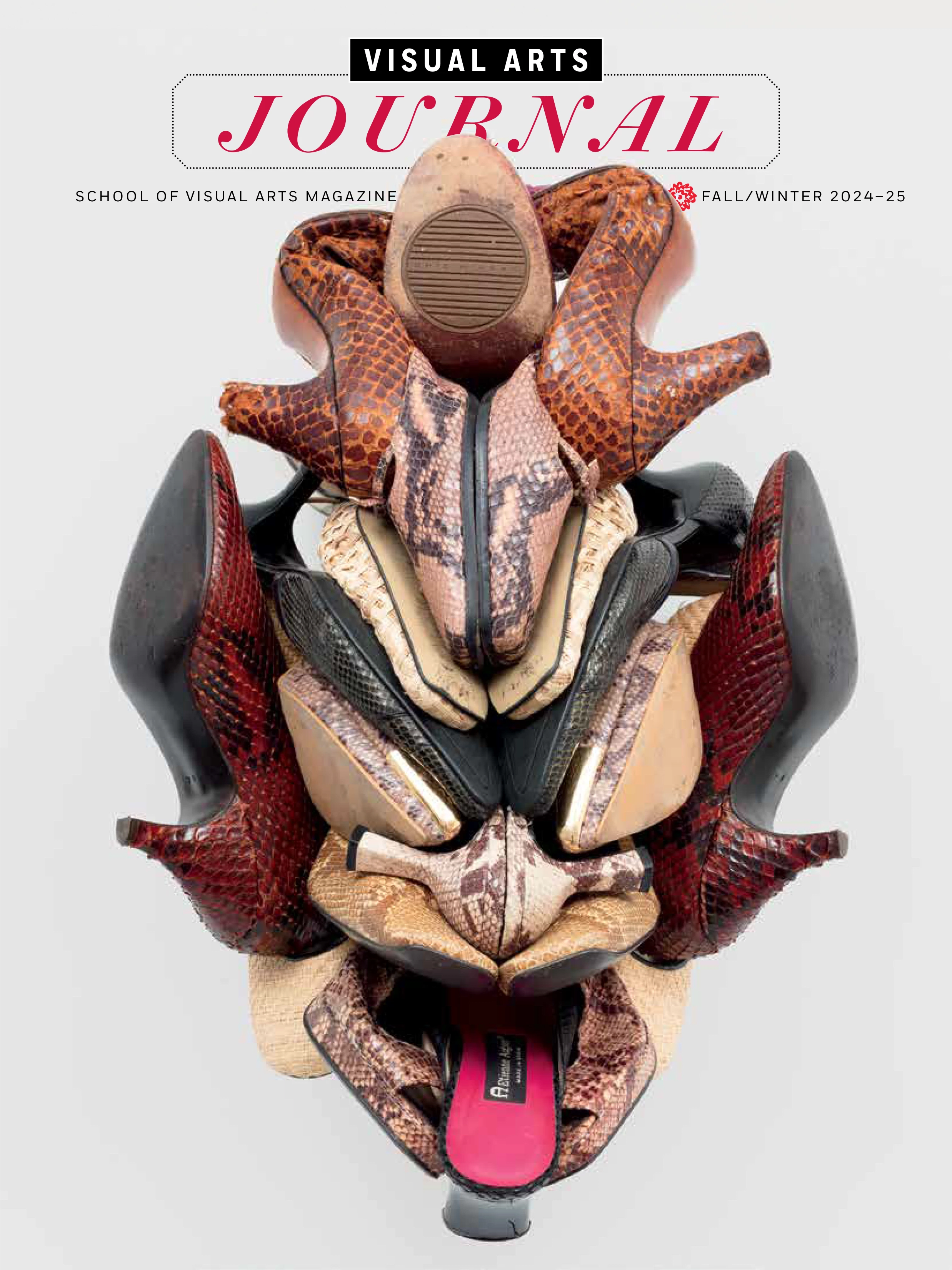 A magazine cover featuring a photograph of a sculpture made of high-heeled shoes against a blank white background. The sculpture resembles a mask or a face with its tongue sticking out.