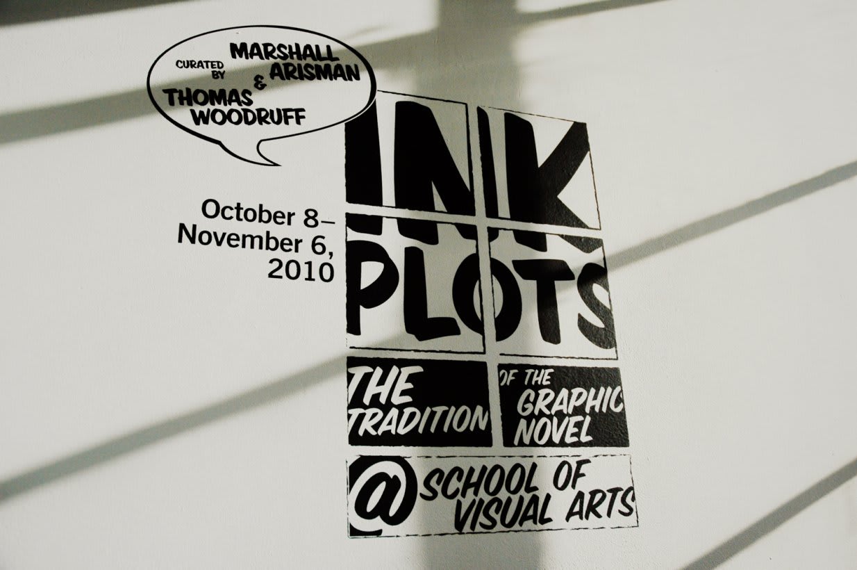 "Ink Plots" exhibition logo on gallery wall.