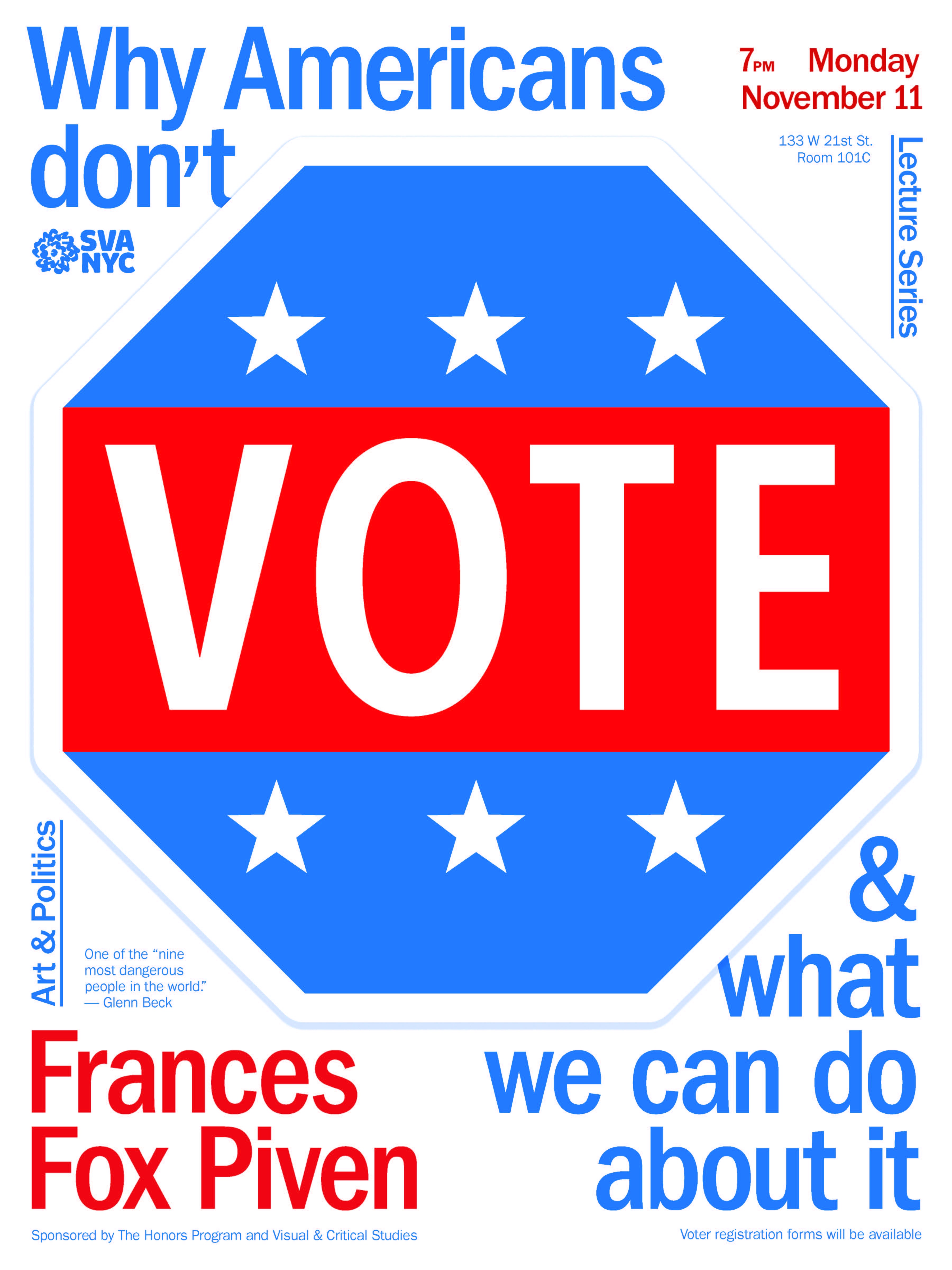 Poster for event, with VOTE in large letters in the center