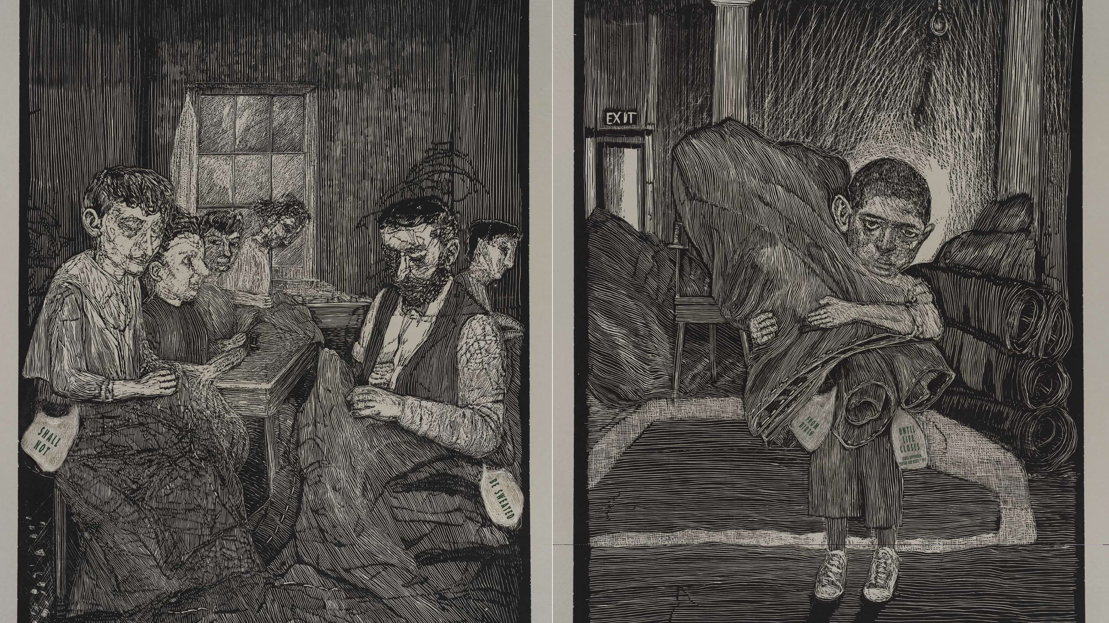 Diptych woodcut: workers sewing in a dim room (left); boy carrying heavy fabric in factory (right).