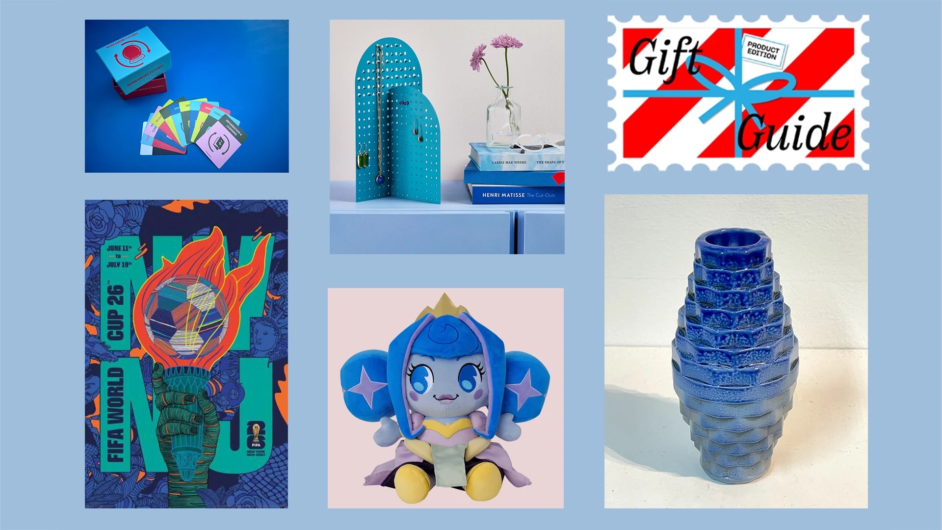 A collage of a poster, cards, a jewelry stand, a plushie, and a vase