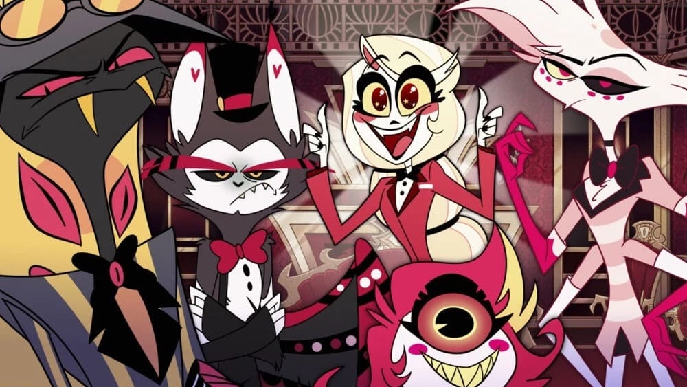 An animation still showing a gathering of smartly dressed, demonic figures.