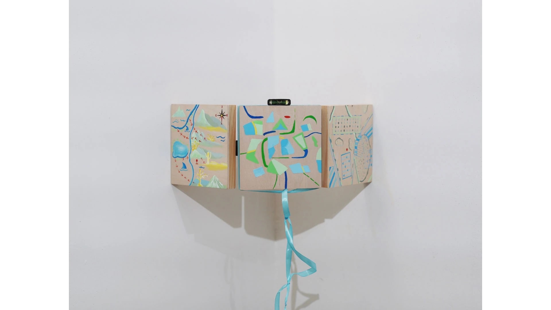 Xinyu Liu, Always Right, 2025, Wood panel, level, ribbon, 24’ x 24’