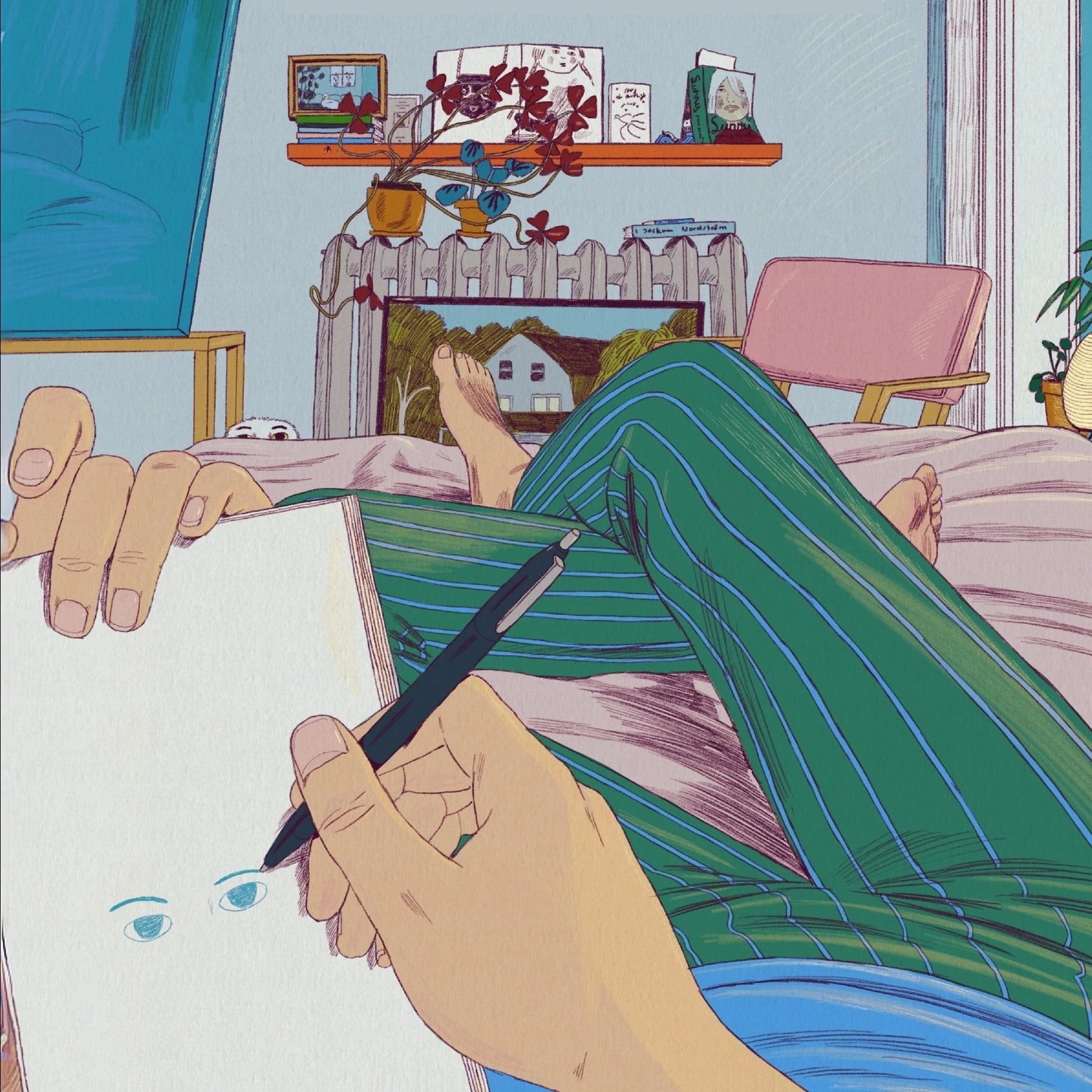 An illustration of a person reclining in a home and drawing in a sketchbook. The drawing is composed from the person's point of view.