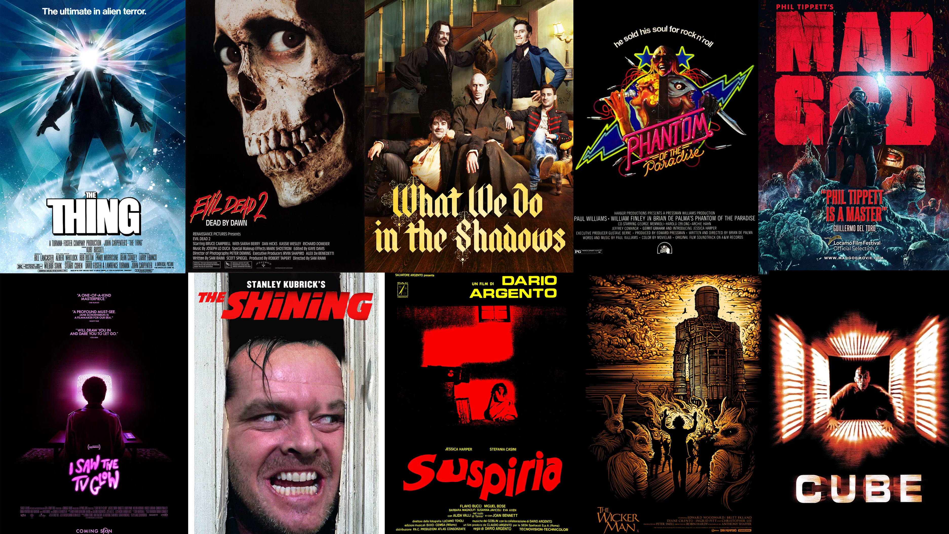 A collage of multiple horror movies, including 'Evil Dead 2' (1987), 'I Saw the TV Glow' (2024), 'The Shining' (1980), 'Suspiria' (1977), 'The Thing' (1982), 'The Wicker Man - Final Cut' (1973), 'Phantom of the Paradise' (1974), 'Mad God' (2021), 'Cube' (1997), and 'What We Do in the Shadows' (2014). 