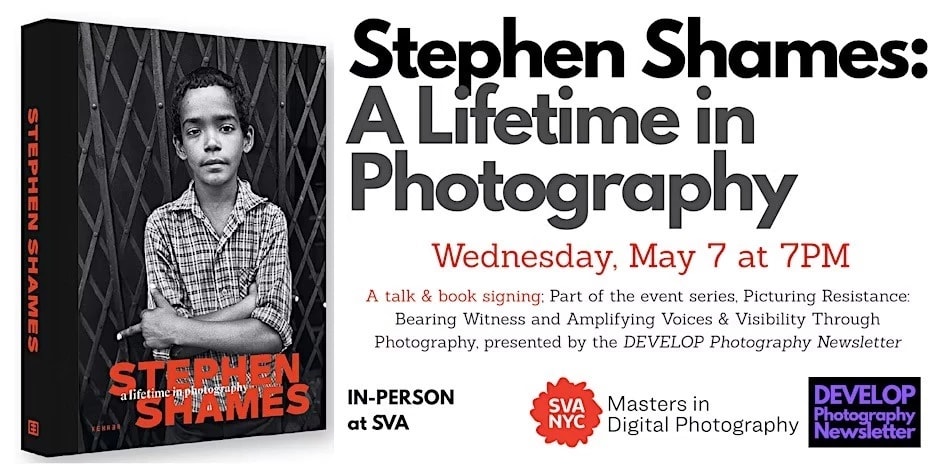 A promotional banner for Stephen Shames: A Lifetime in Photography, which features the cover of Stephen's photobook that shares the same title with the event.