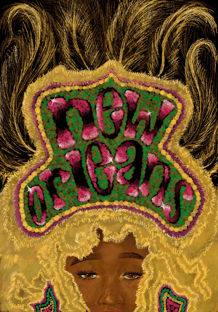 An illustration of a person wearing a large headdress incorporating the words "New Orleans"