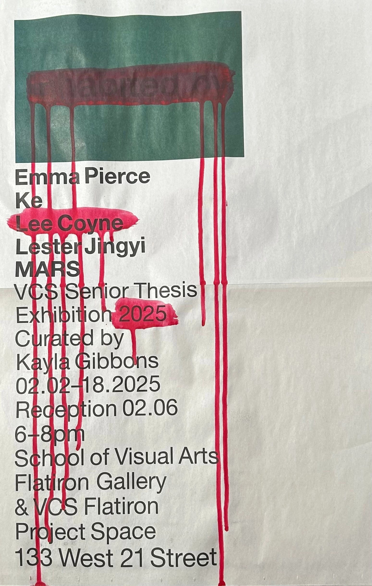 Newsprint poster with running magenta ink covering some of the words.