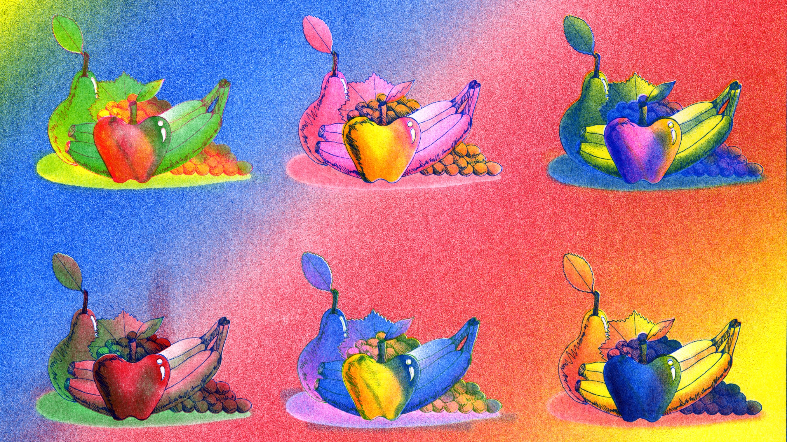 various versions of multicolored illustration of fruit arrangements.