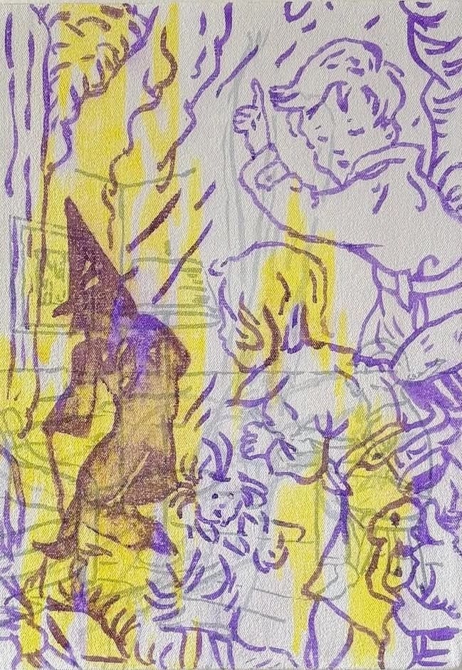 Painting of printed childhood images in purple and yellow.