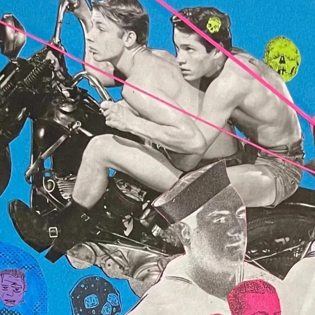 a collage on blue paper where the main focus is on two shirtless adolescent boys on a motorcycle. There are black and white inverted photos of what appear to be sailors as well as other faces and skulls in different colors in the backgorund.