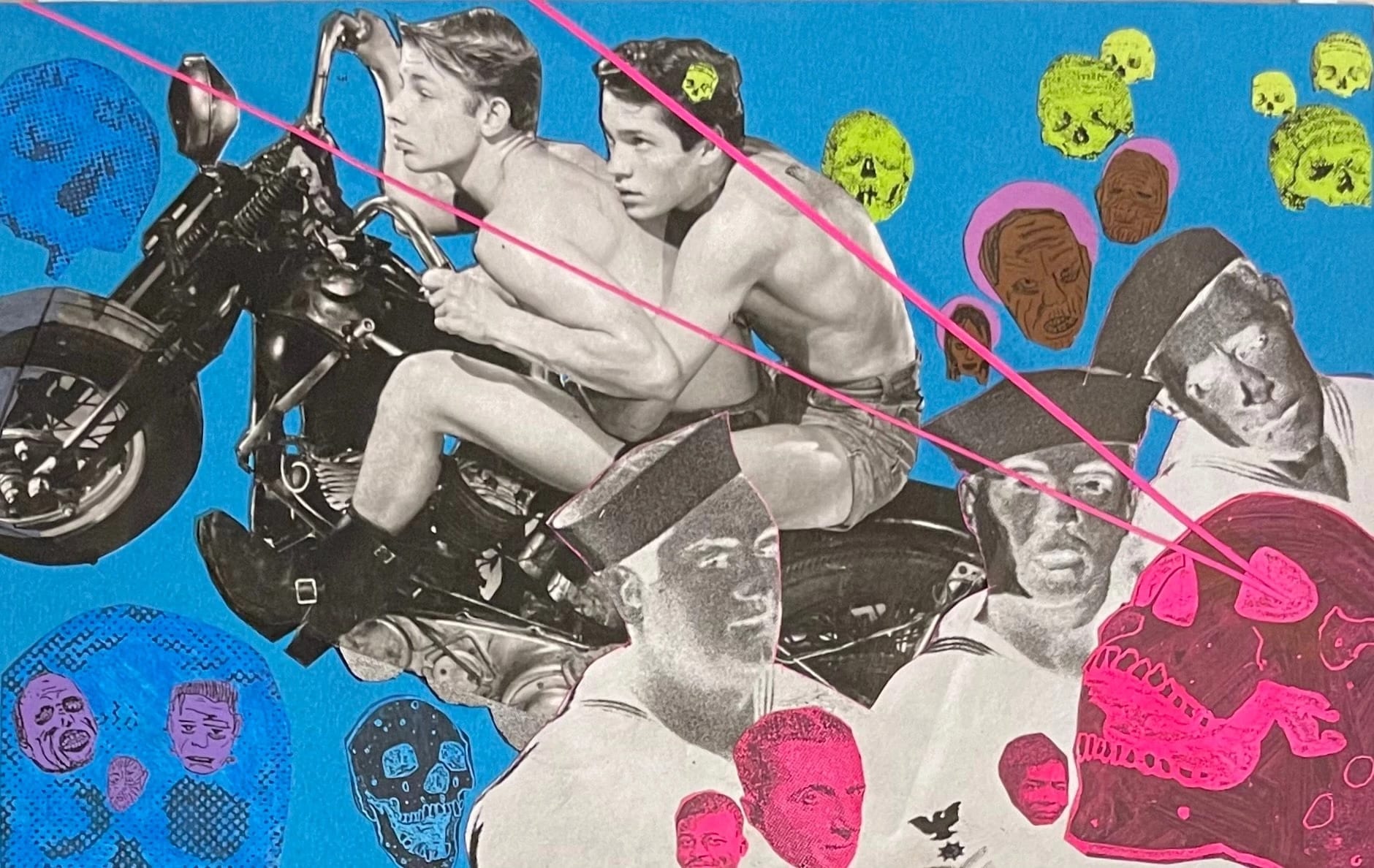 a collage on blue paper where the main focus is on two shirtless adolescent boys on a motorcycle. There are black and white inverted photos of what appear to be sailors as well as other faces and skulls in different colors in the backgorund.