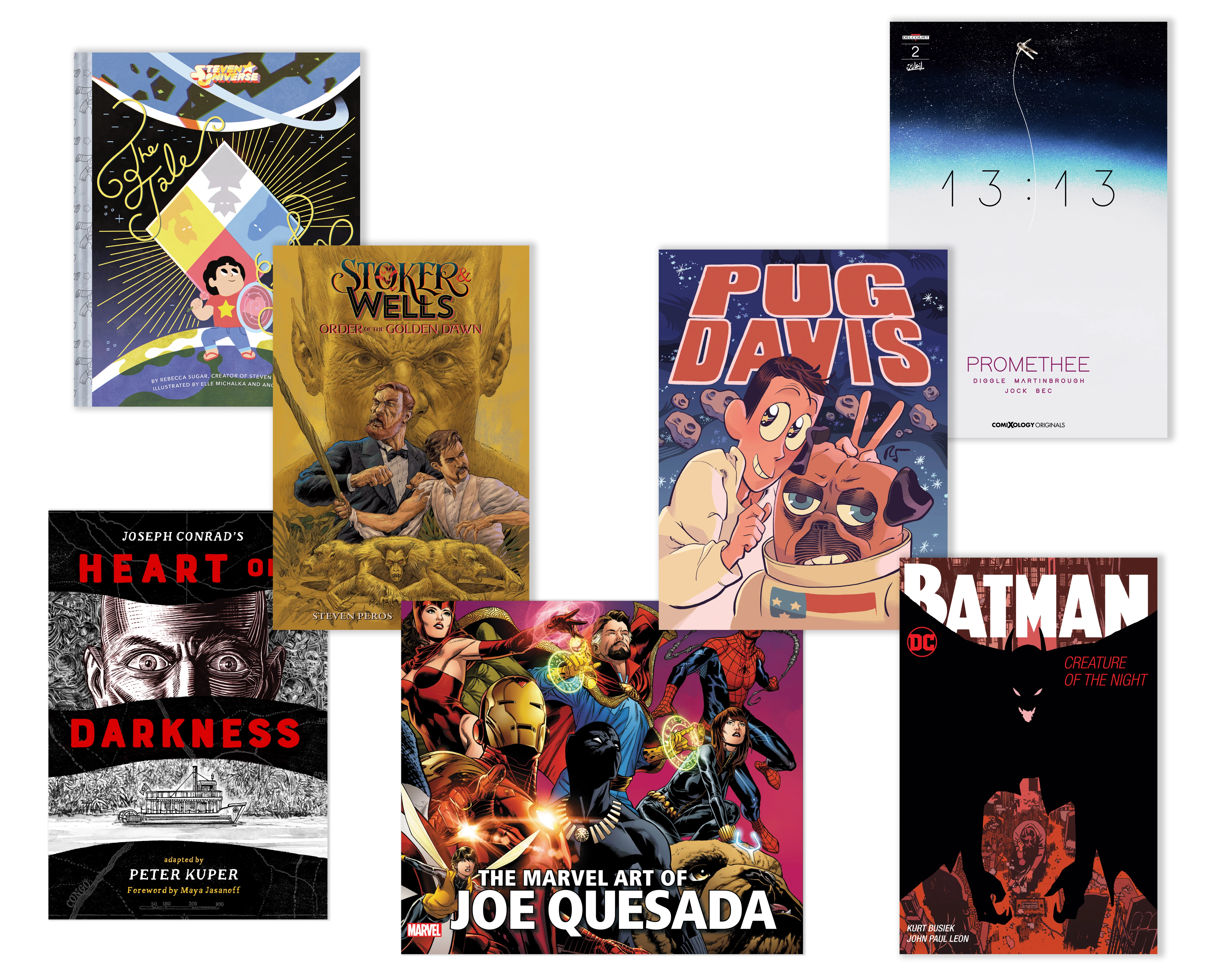 The cover of seven graphic novels made by SVA alumni. From top left: Steven Universe: The Tale of Steven written by Rebecca Sugar, Joseph Conrad’s Heart of Darkness adapted by Peter Kuper, Stoker & Wells: Order of the Golden Dawn illustrated by Barry Orkin, The Marvel Art of Joe Quesada by Joe Quesada, Pug Davis written by Rebecca Sugar, Promethee 13:13 illustrated by Shawn Martinbrough, Batman: Creature of the Night illustrated by John Paul Leon.