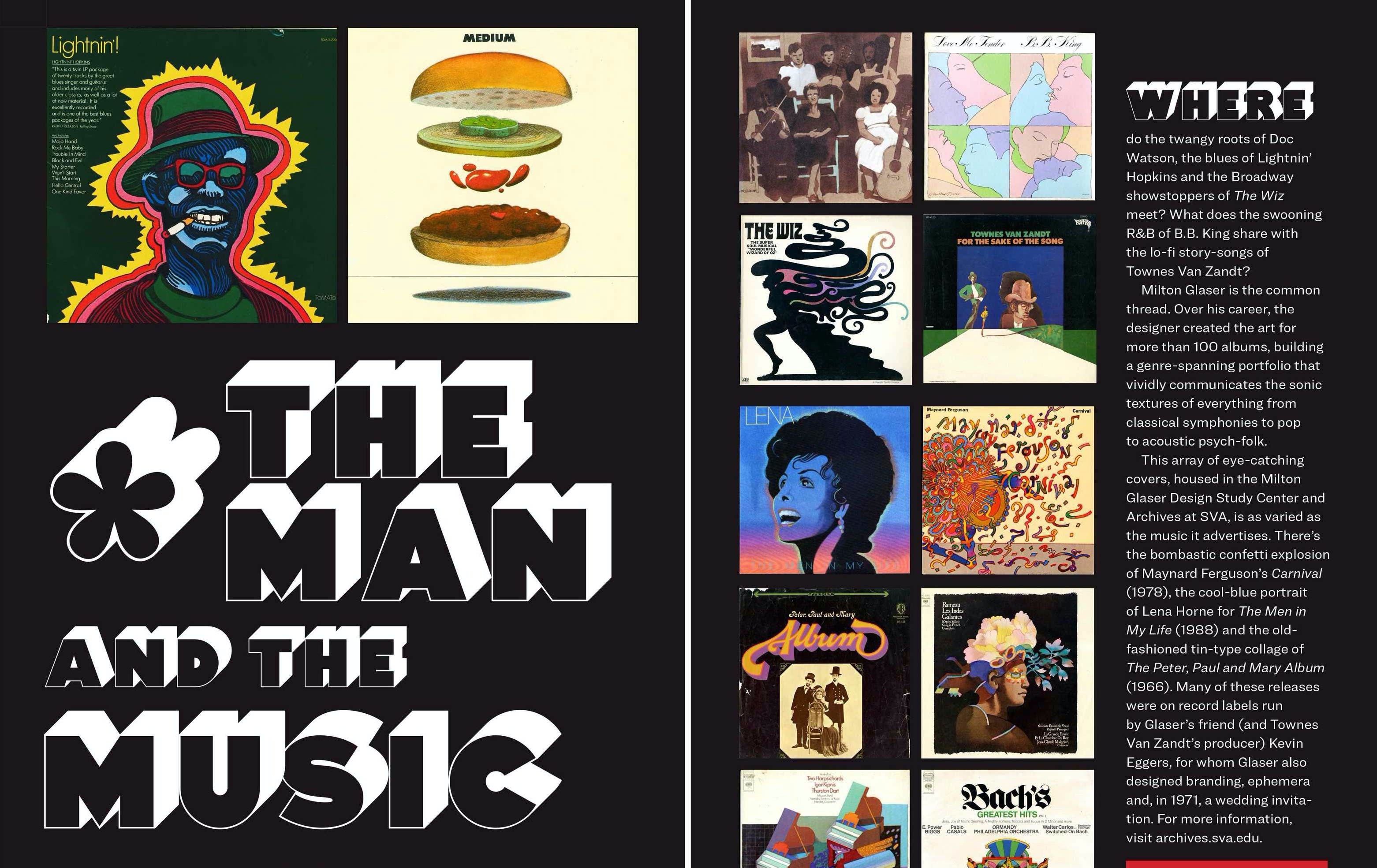 An image of the "The Man and The Music" feature from the Glaser Gazette designed by SVA's Visual Arts Press