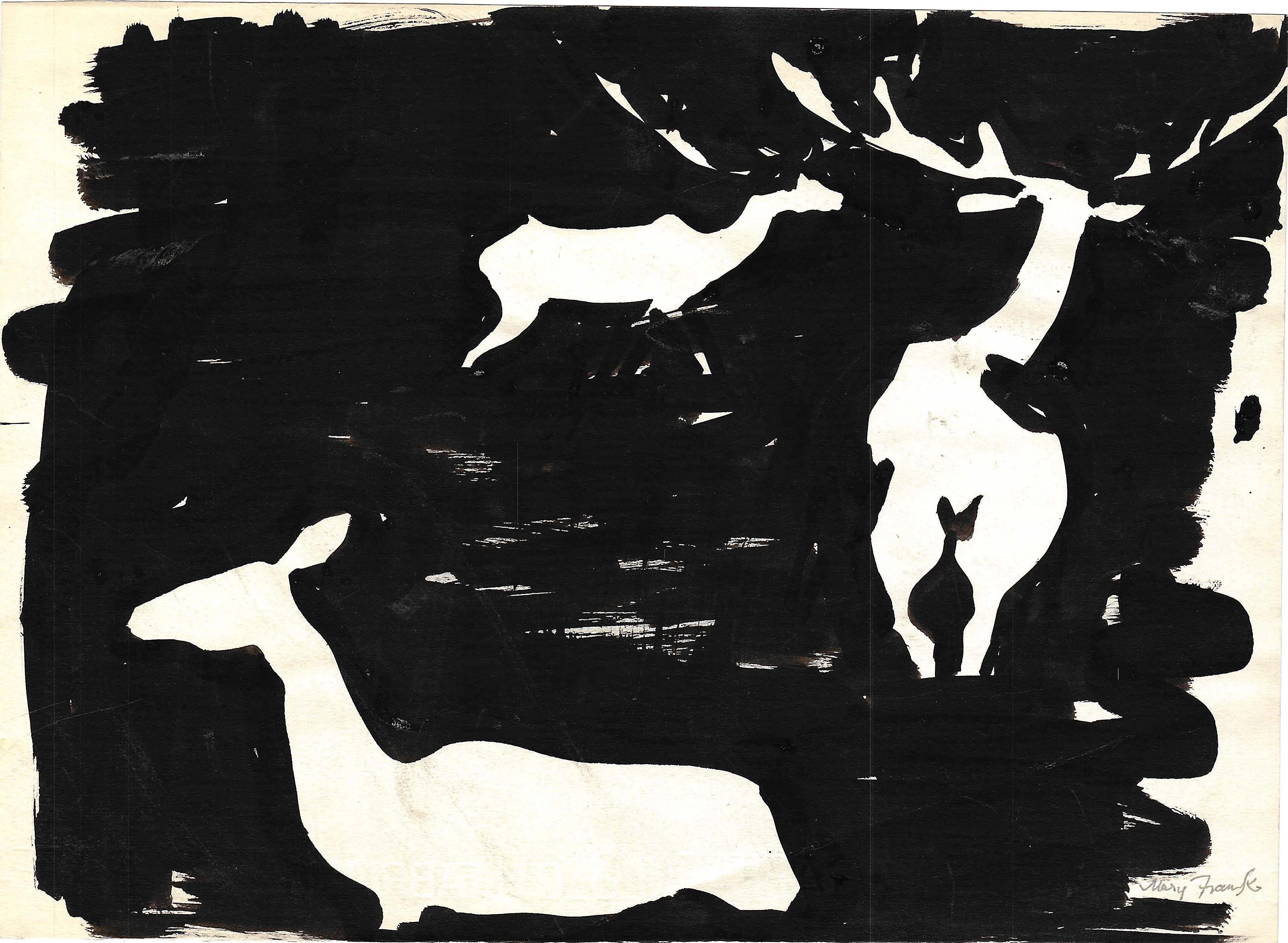 Black and white ink painting of deer