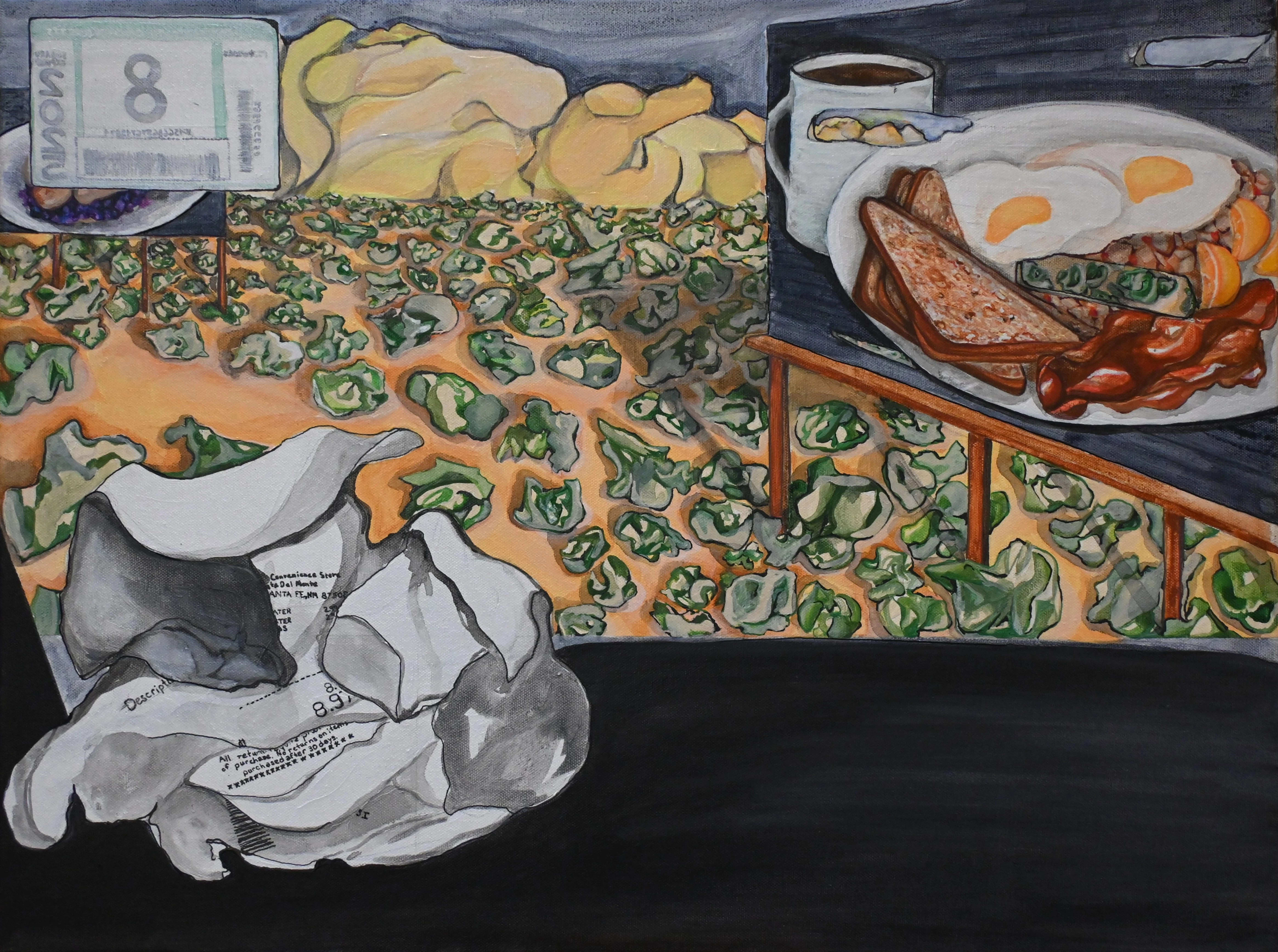 A painting of the West from the persepctive of someone's car dashboard. There is a crumpled receipt to the left and a billboard advertising eggs, bacon and toast to the right.