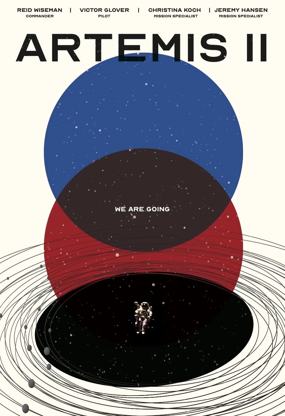 Poster for Artemis II mission featuring a rocket launch against a starry background with mission details.