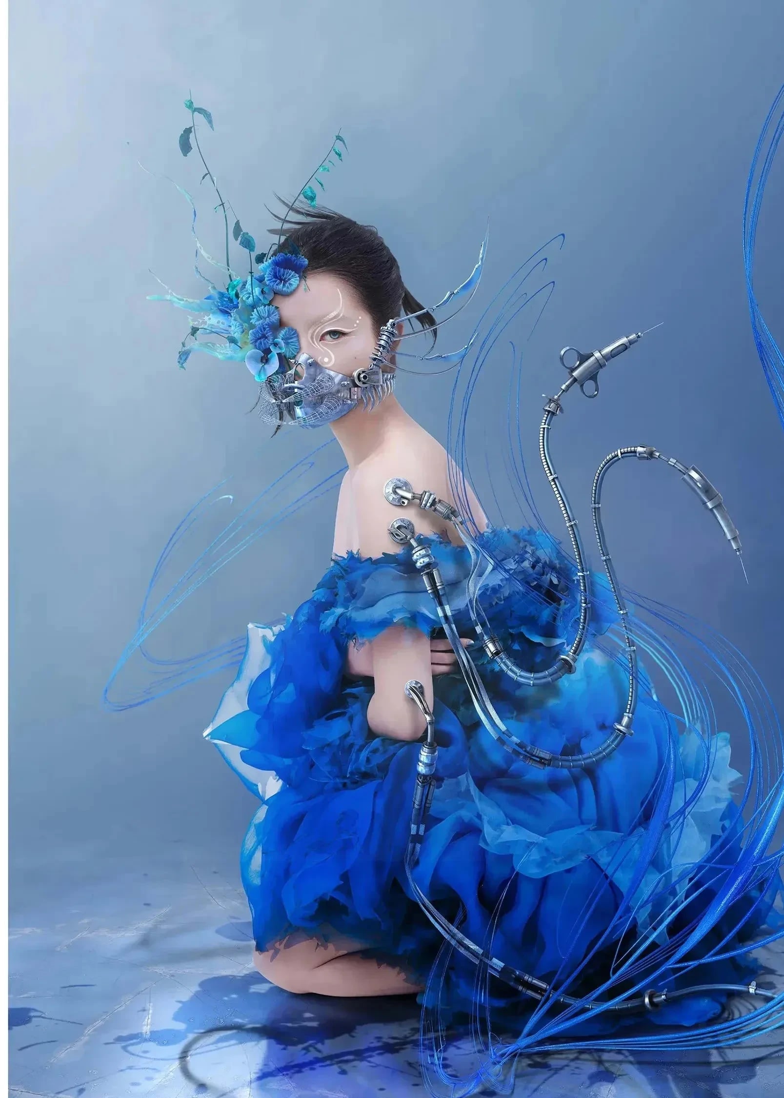 Two panels showing augmented portrait photography, with the same figure in both while surrounded by swaths of material and wearing a floral and metal mask. On the left panel, the figure is on their knees looking at the camera as mechanical tendrils with syringe and suction cup ends wave around them.