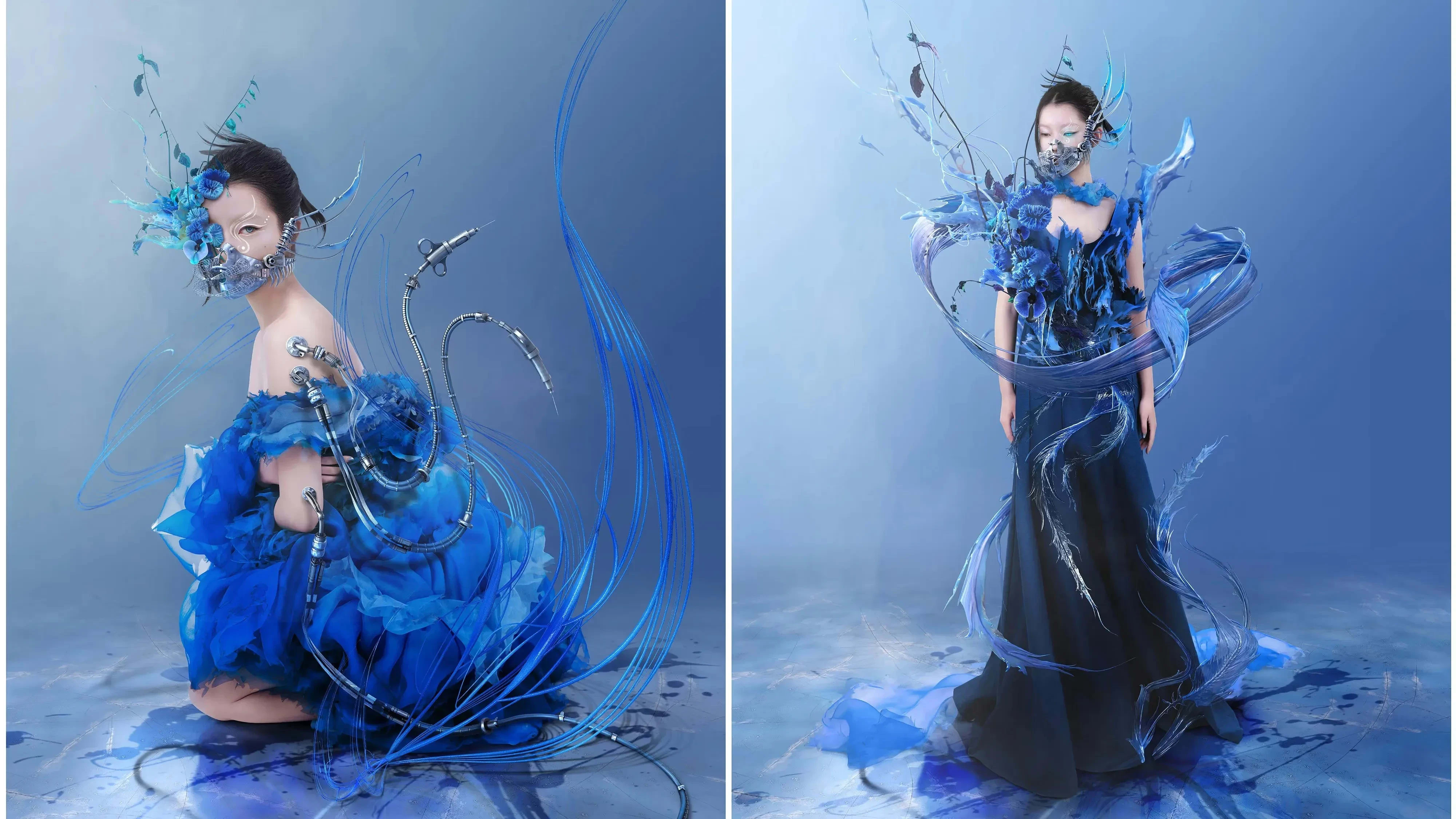 Two panels showing augmented portrait photography, with the same figure in both while surrounded by swaths of material and wearing a floral and metal mask. On the left panel, the figure is on their knees looking at the camera as mechanical tendrils with syringe and suction cup ends wave around them.