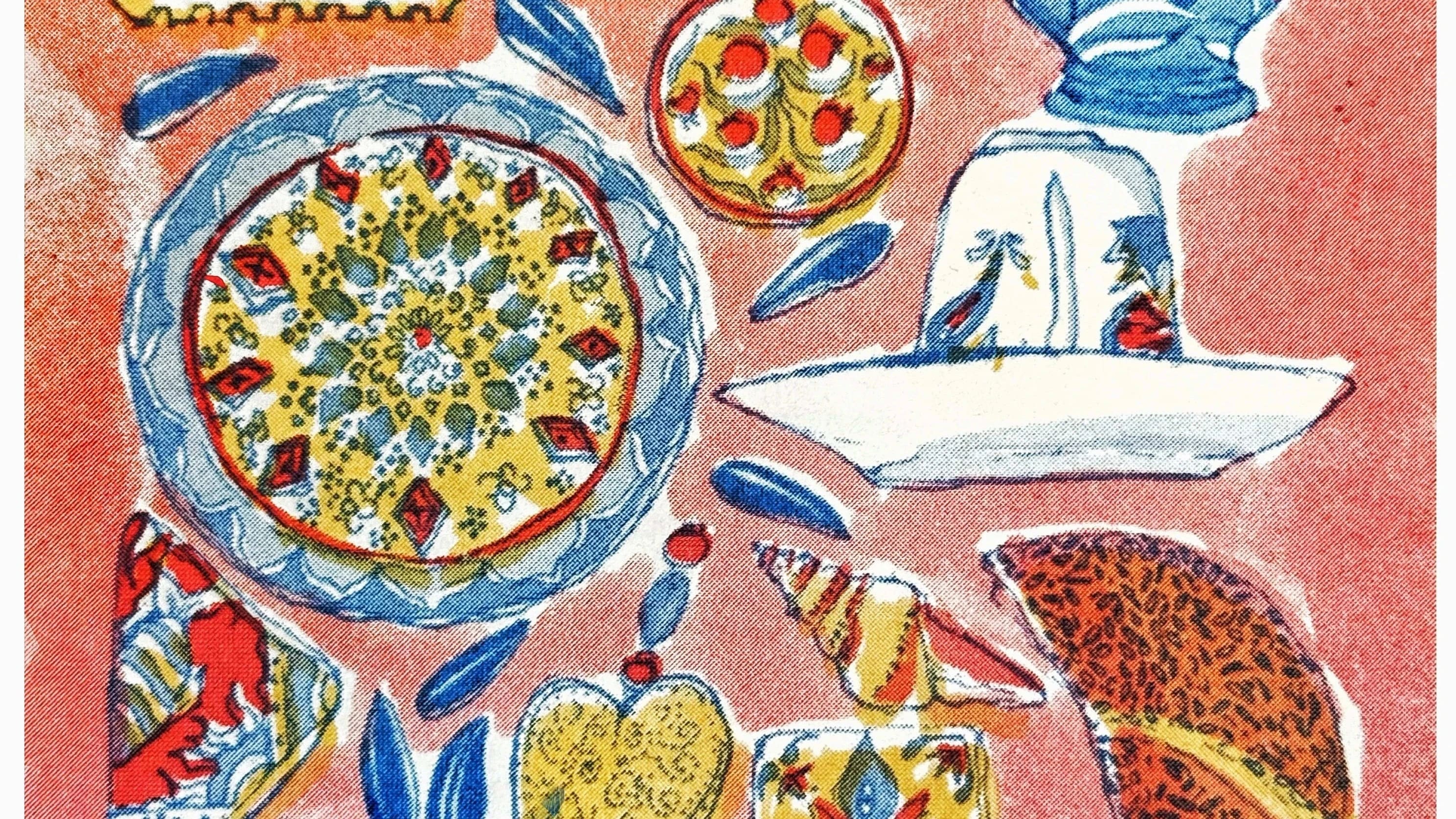 A vibrant illustration of Mediterranean-style items on a warm pink background, featuring a blue jug, patterned dishes, a lighthouse stamp, and colorful fruits.