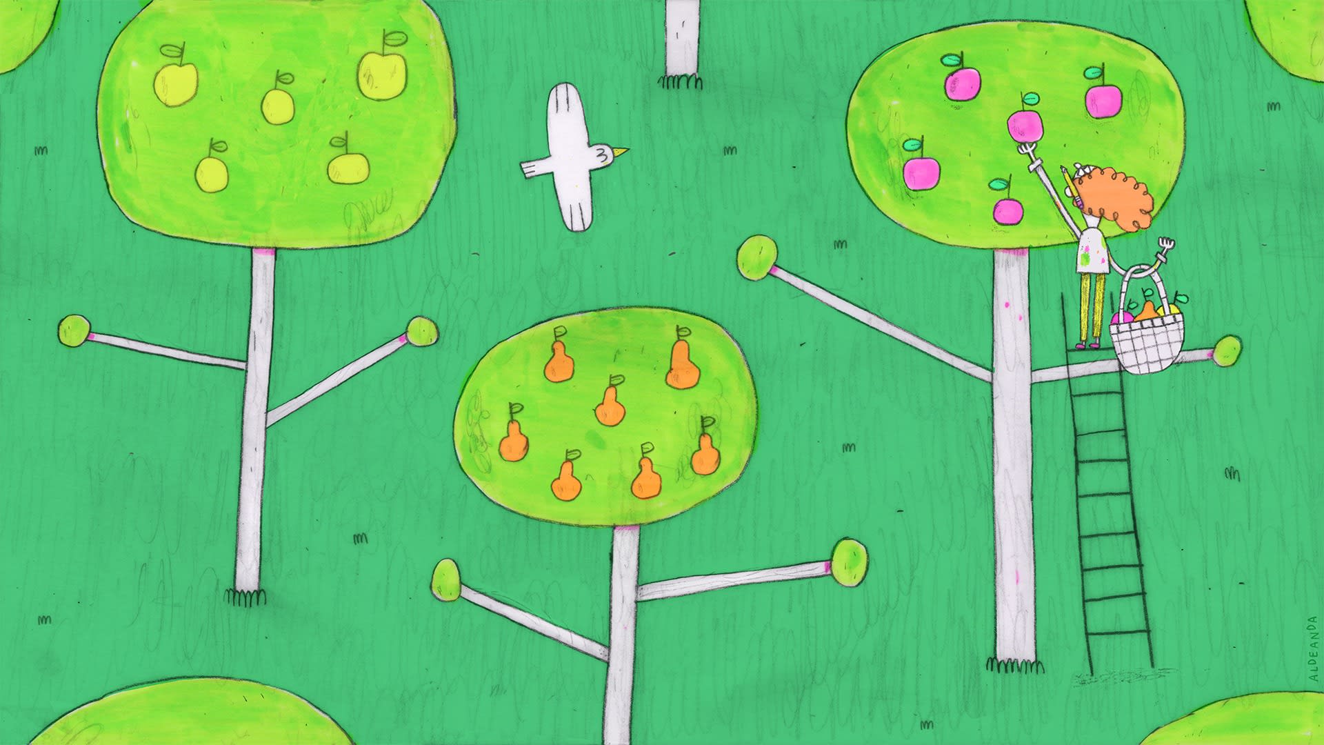 A color, cartoon-like illustration of a person in an orchard with various fruit trees. They are on a ladder and picking fruit from one of the trees.