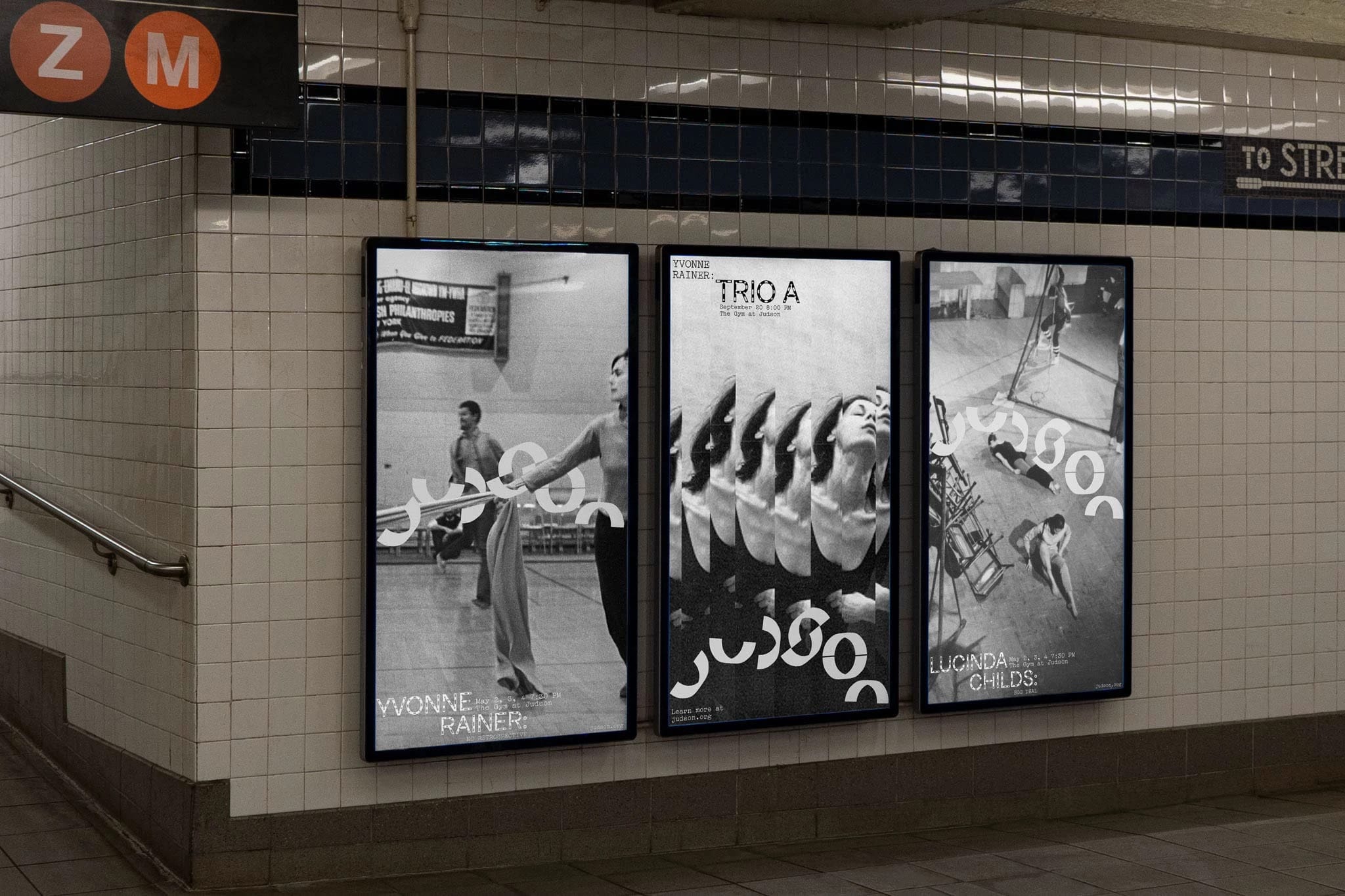 Three black-and-white posters installed on a tiled subway-station wall. The posters show dancers moving about.