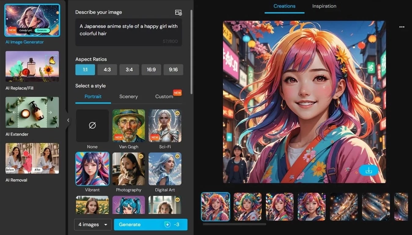 AI image generation interface featuring an illustration of a smiling girl.