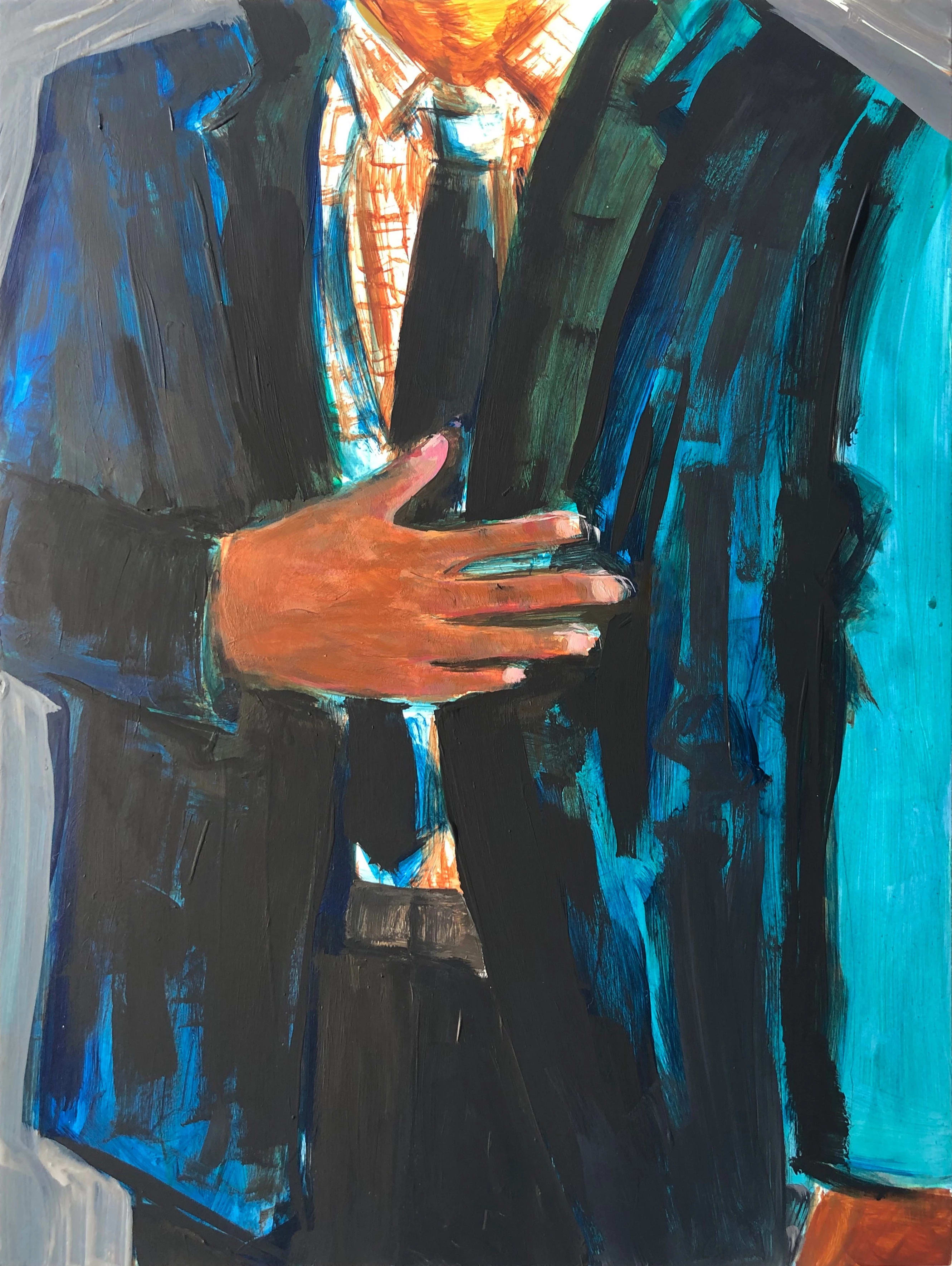 Painting of a man's torso. The man is wearing a blue suit jacket and his hand is resting on his stomach.
