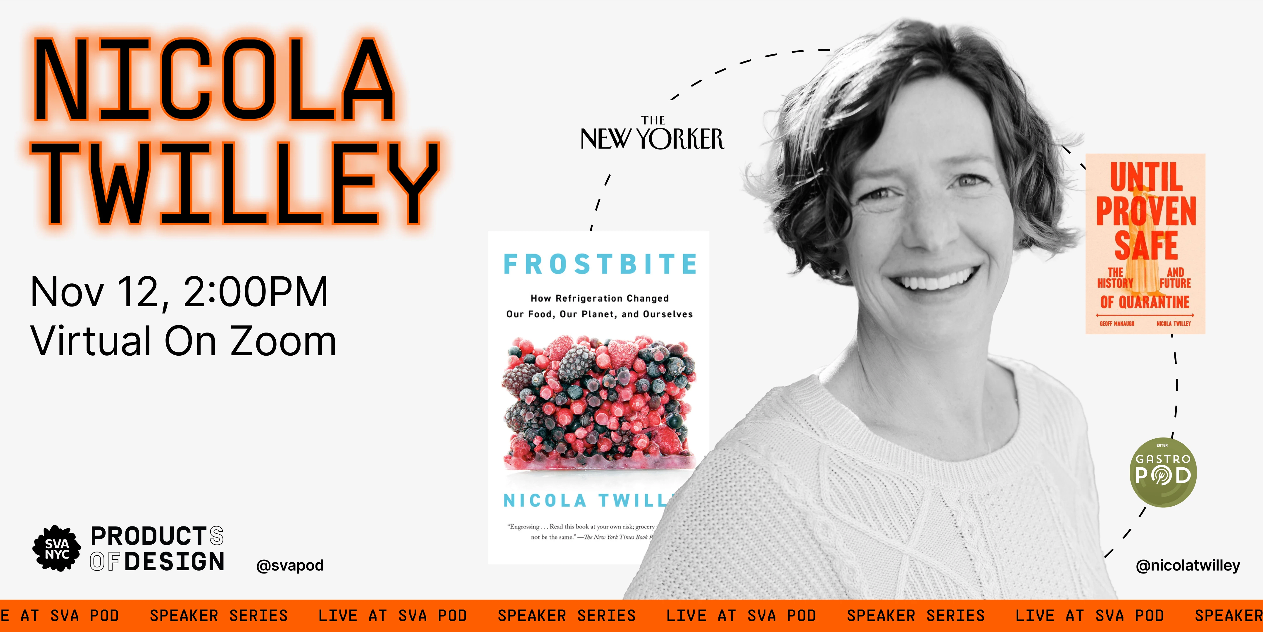 Image of woman in cable knit sweater and short hair with surrounding company logos and books