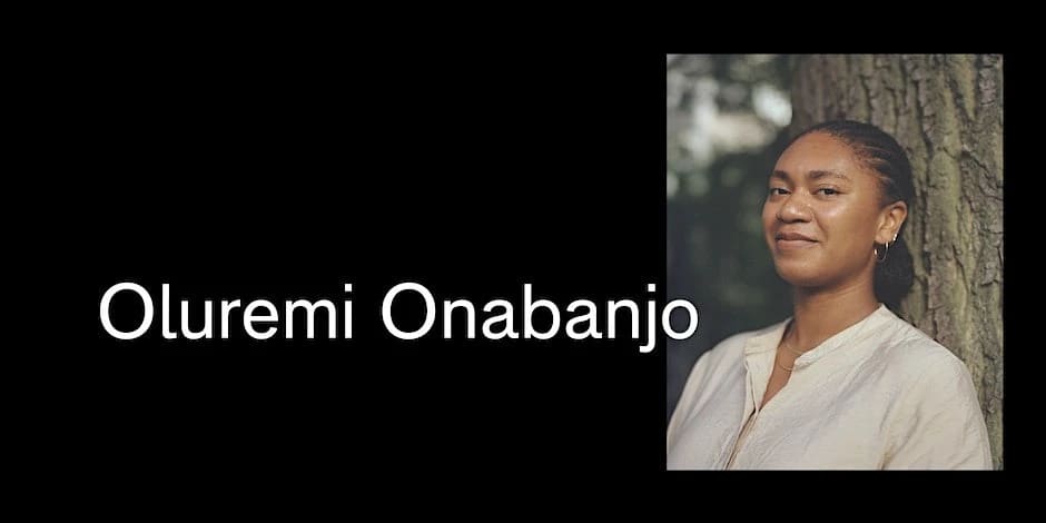 Black background with a headshot of Oluremi Onabanjo to the right, color of her slightly smiling against a tree. White text to the center left in large sans serif of her name.