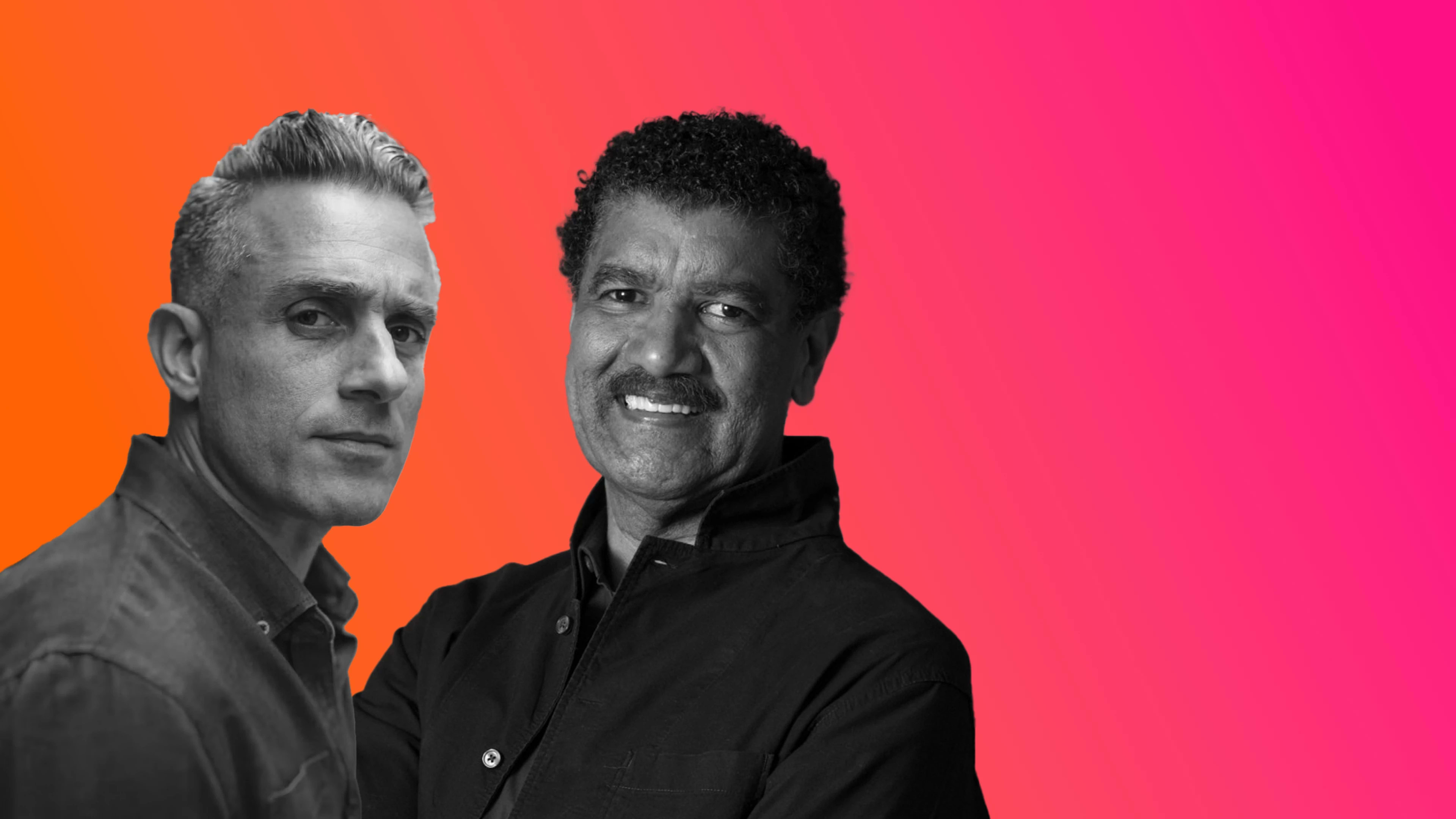Black and white portraits of two men, Miguel Luciano and Pepón Osorio, on a pink and orange gradient background