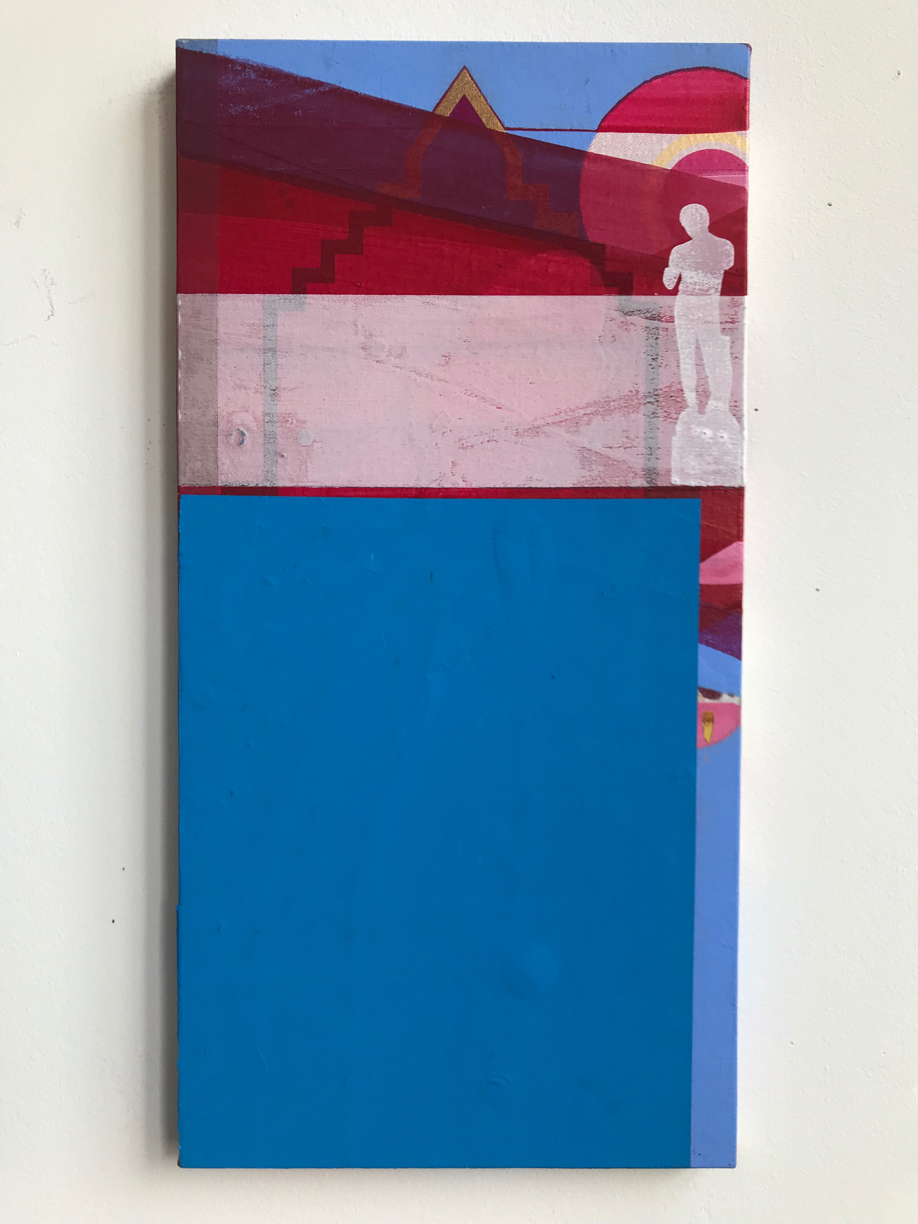 A tall narrow painting; the bottom two-thirds is almost completely occupied by a blue rectangle aligned with the left side of the canvas, while the top third shows an abstracted landscape with a white silhouette of a male Greek statue on a flat pink plain, a gold line forming a step-sided triangle against a diagonally divided sky in bed below and blue above, and two large sun-like circles in red and red and white on the horizon at the right