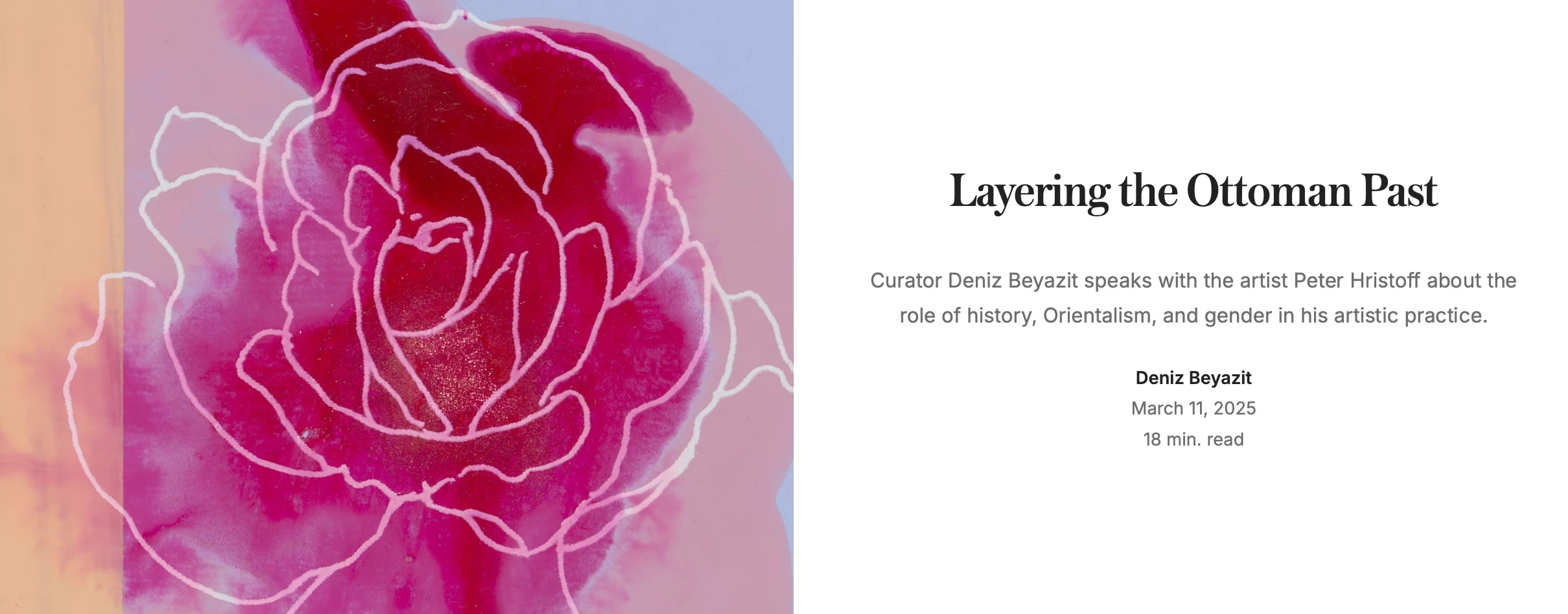 screenshot with a line drawing of a flower over a rose and pink background on the left side, and the title of the interview on the right side