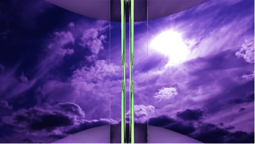 Purple-tinted clouds with vertical green "glitch"-aesthetic lines rising from the center of the video still.