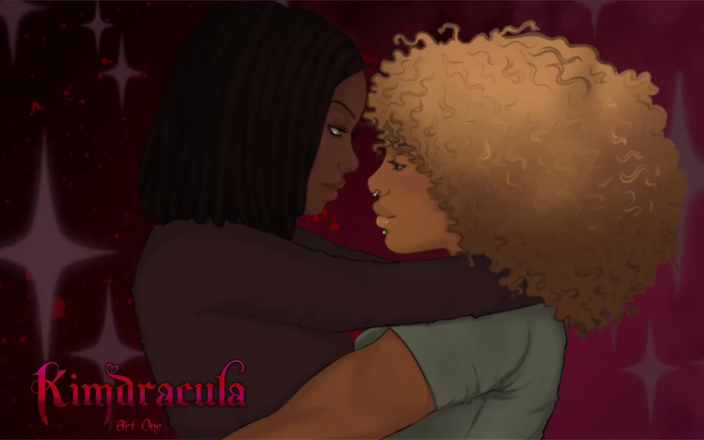Cover Illustration for narrative game, Kimdracula: Part One; two people hold each other while looking into each other's eyes. 