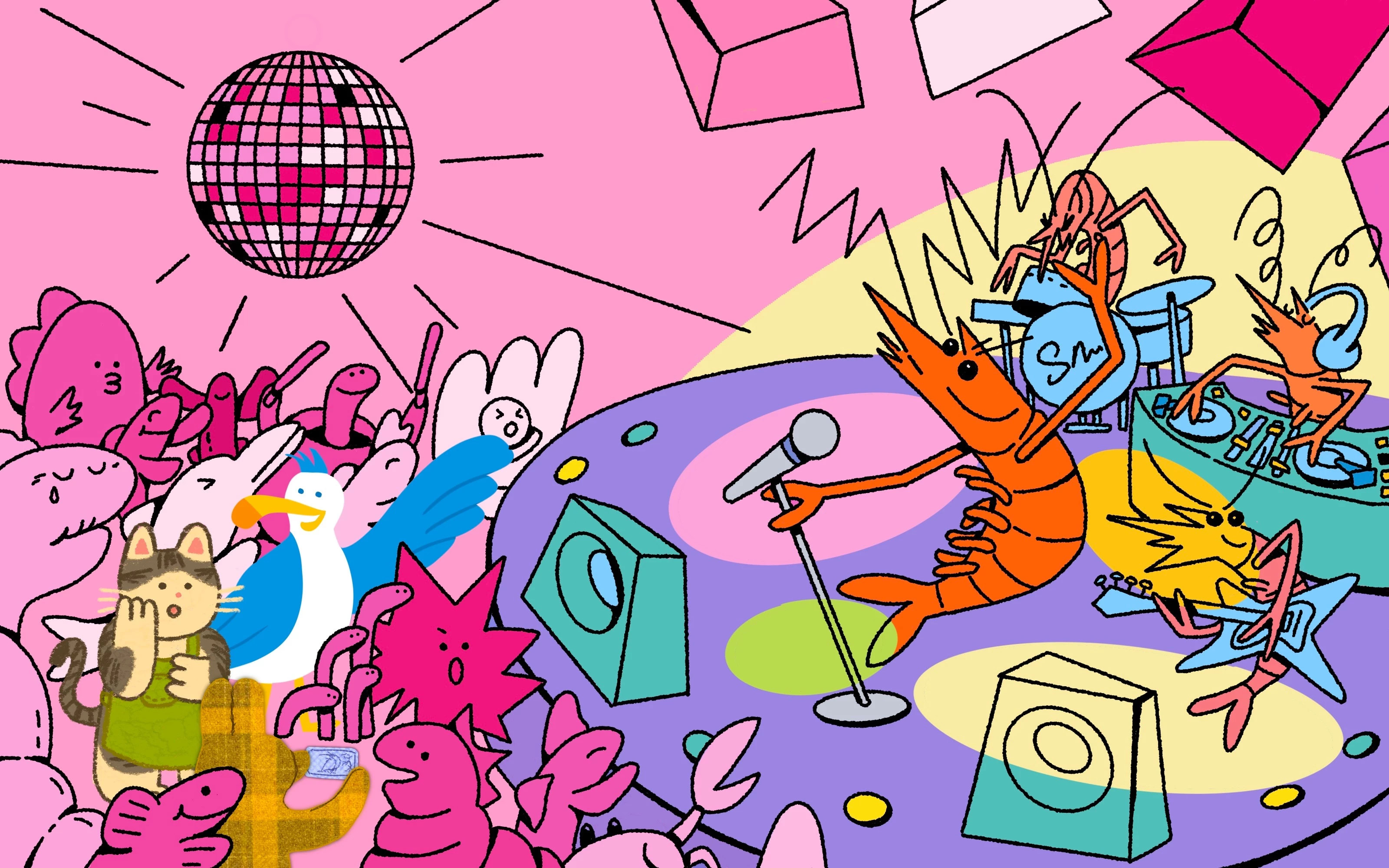 A brightly colored illustration of a band of shrimps performing at a club filled with other creatures and animals.