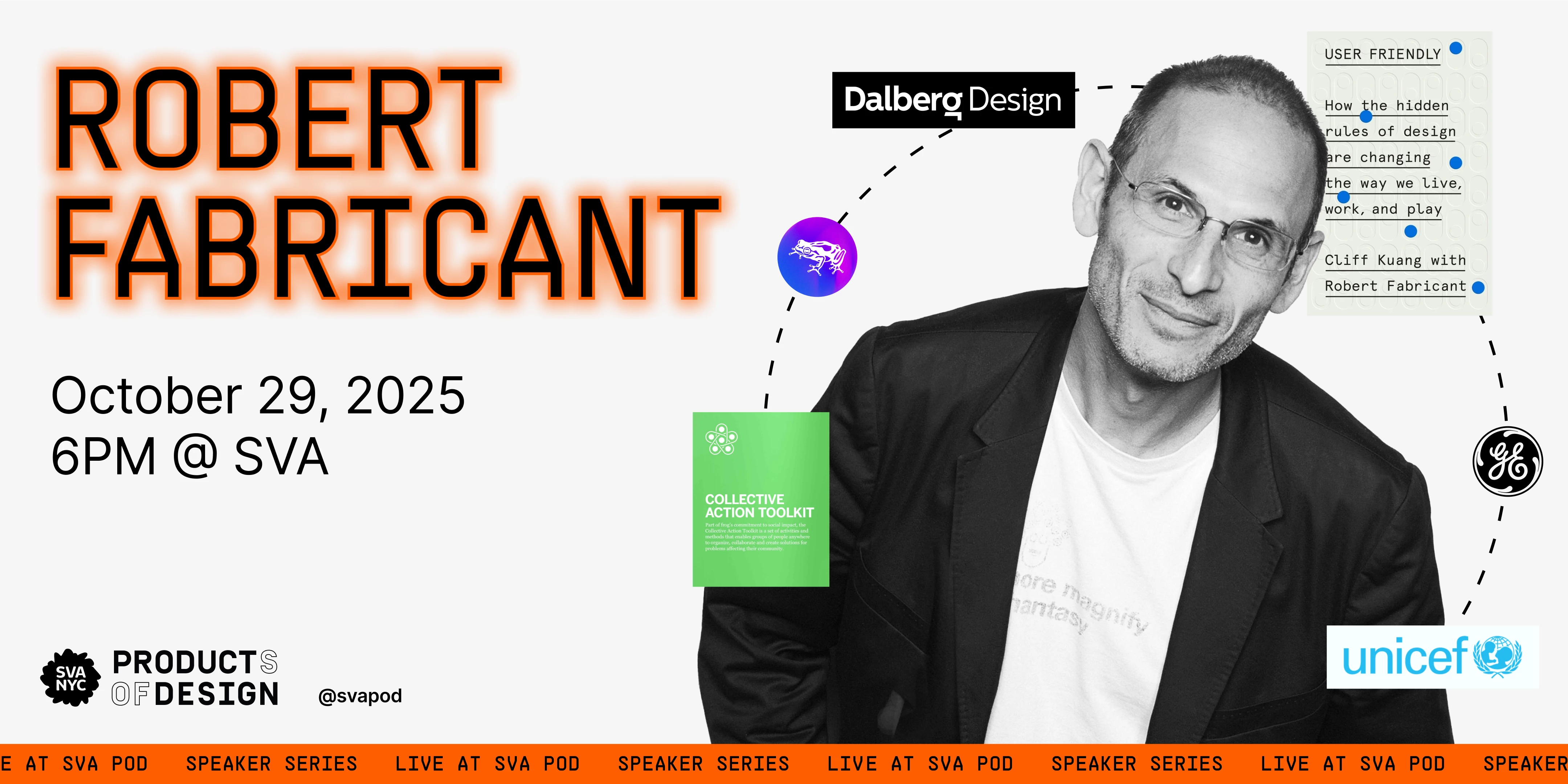 a flyer for an event featuring a black and white photo of a bald person wearing a black blazer with the name "Robert Fabricant" in orange-highlighted black text to the left 