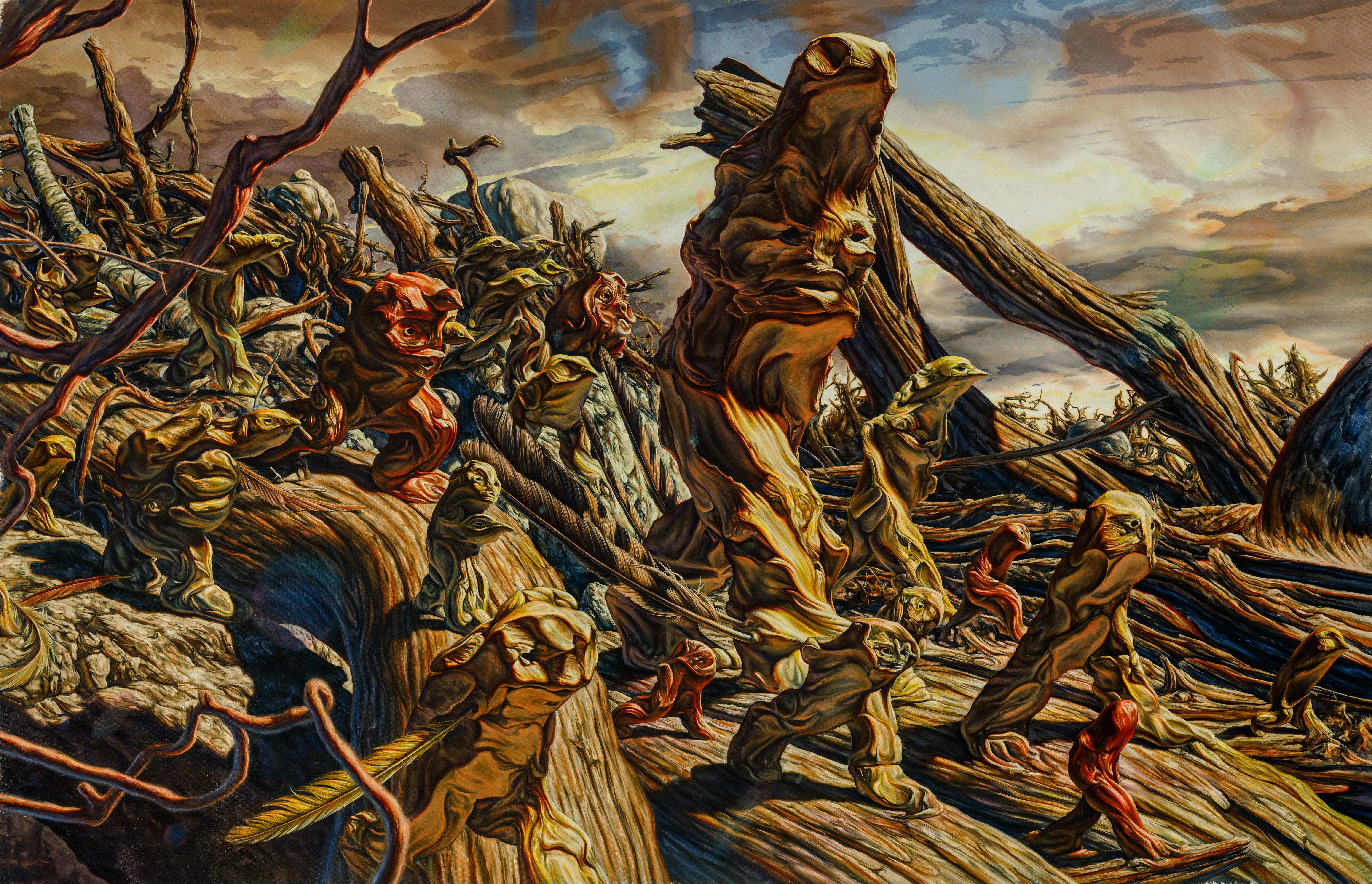 Intricately complex oil paiting of a variety of amorphous creatures all walking towards the same direction. 