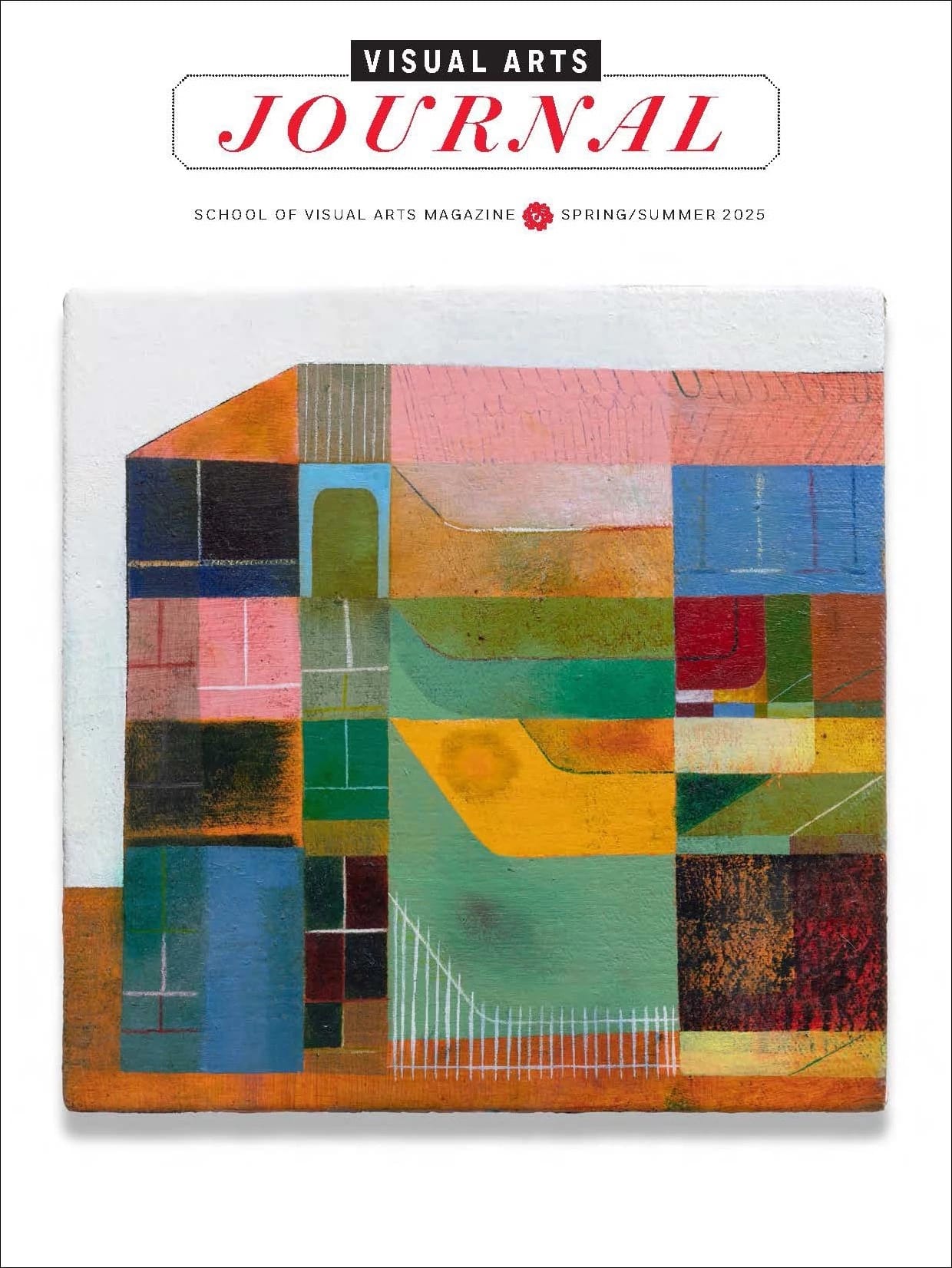 A magazine cover featuring a colorful, semi-abstract painting of a building exterior.