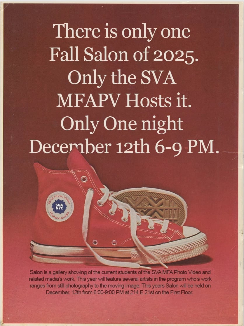 A vintage-style promotional poster with a red background featuring a pair of classic red high-top sneakers placed at the bottom. The left shoe has a round white patch labeled “MFA Photo Video & Related Media – SVA NYC.” Centered above the shoes, large white text announces: “There is only one Fall Salon of 2025. Only the SVA MFAPV hosts it. Only one night December 12th 6–9 PM.” A smaller block of black text at the bottom describes the event as a gallery showing of current SVA MFA Photo, Video & Related Media students’ work, held on December 12th from 6–9 PM at 214 E 21st Street on the first floor.